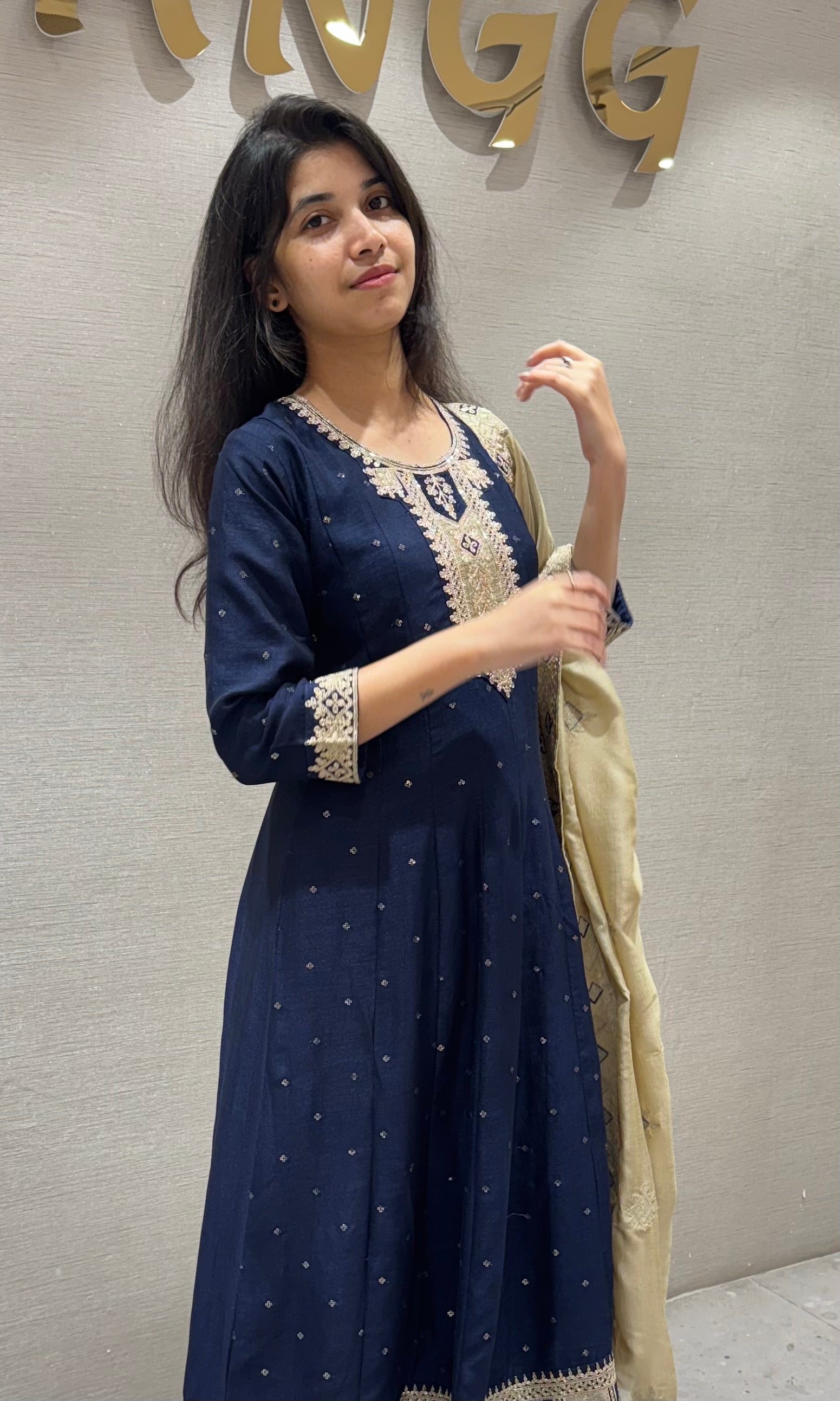 Navy blue Anarkali with contrast dupatta