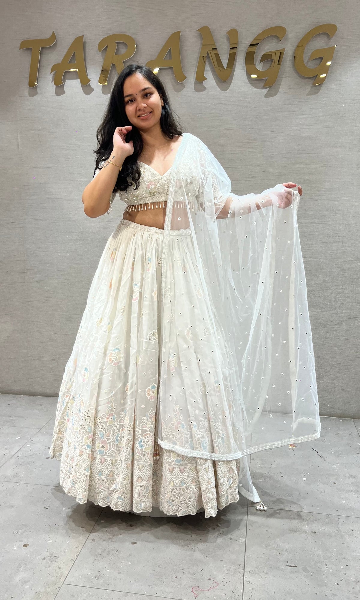 Cream Chikankari Lehenga Set with net dupatta