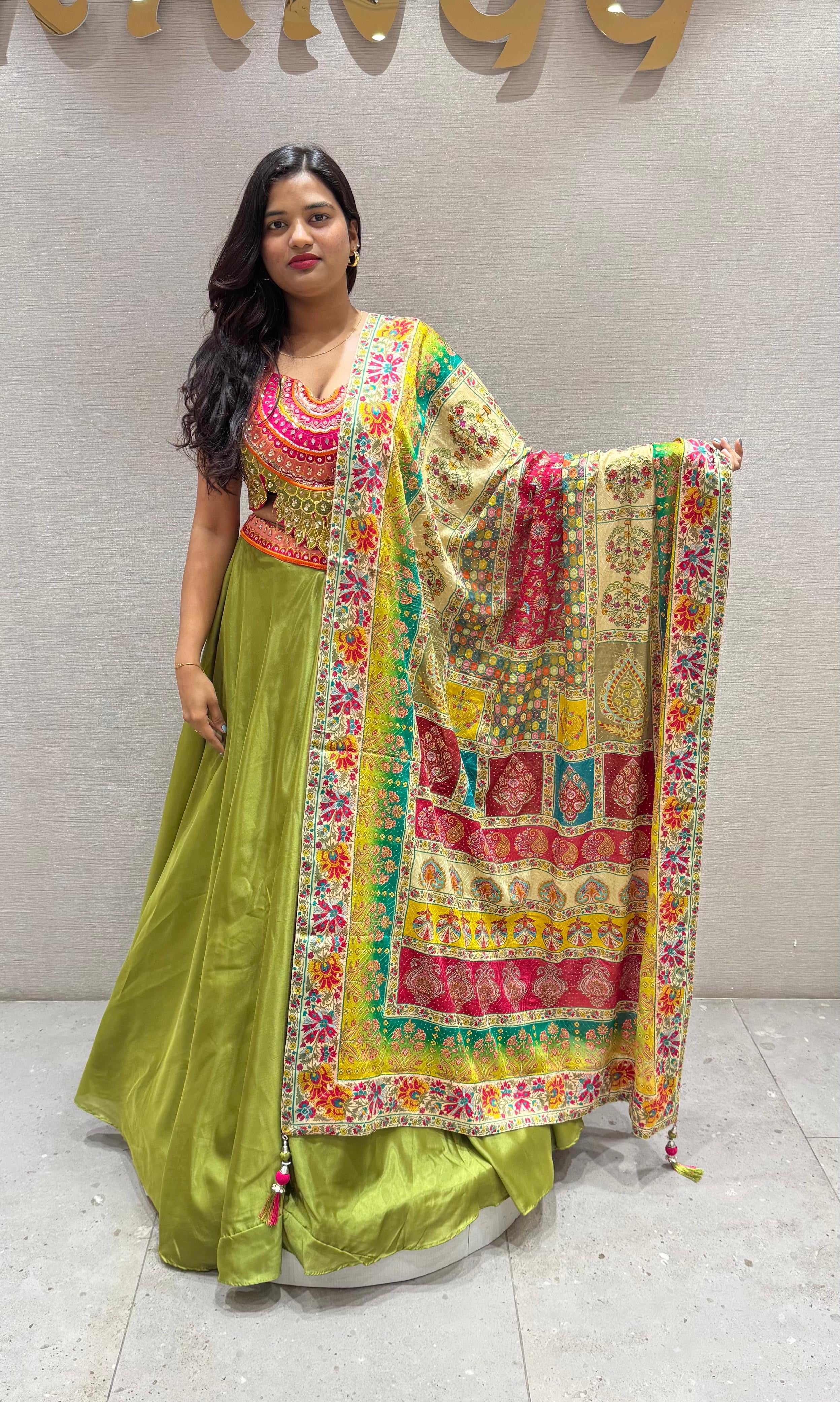 Green Lehenga WITH MULTI COLOUR DUPATTA