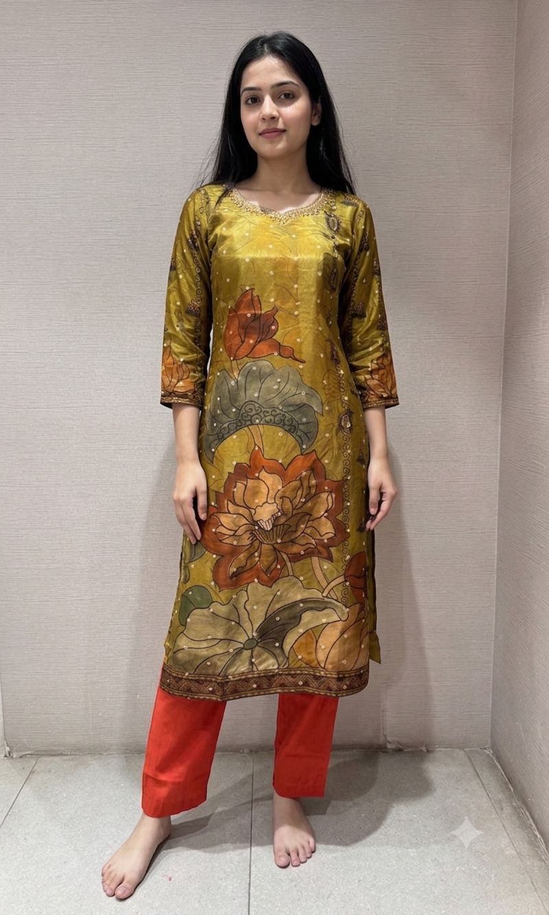 Green Floral Digital Print Silk kurti with bottom