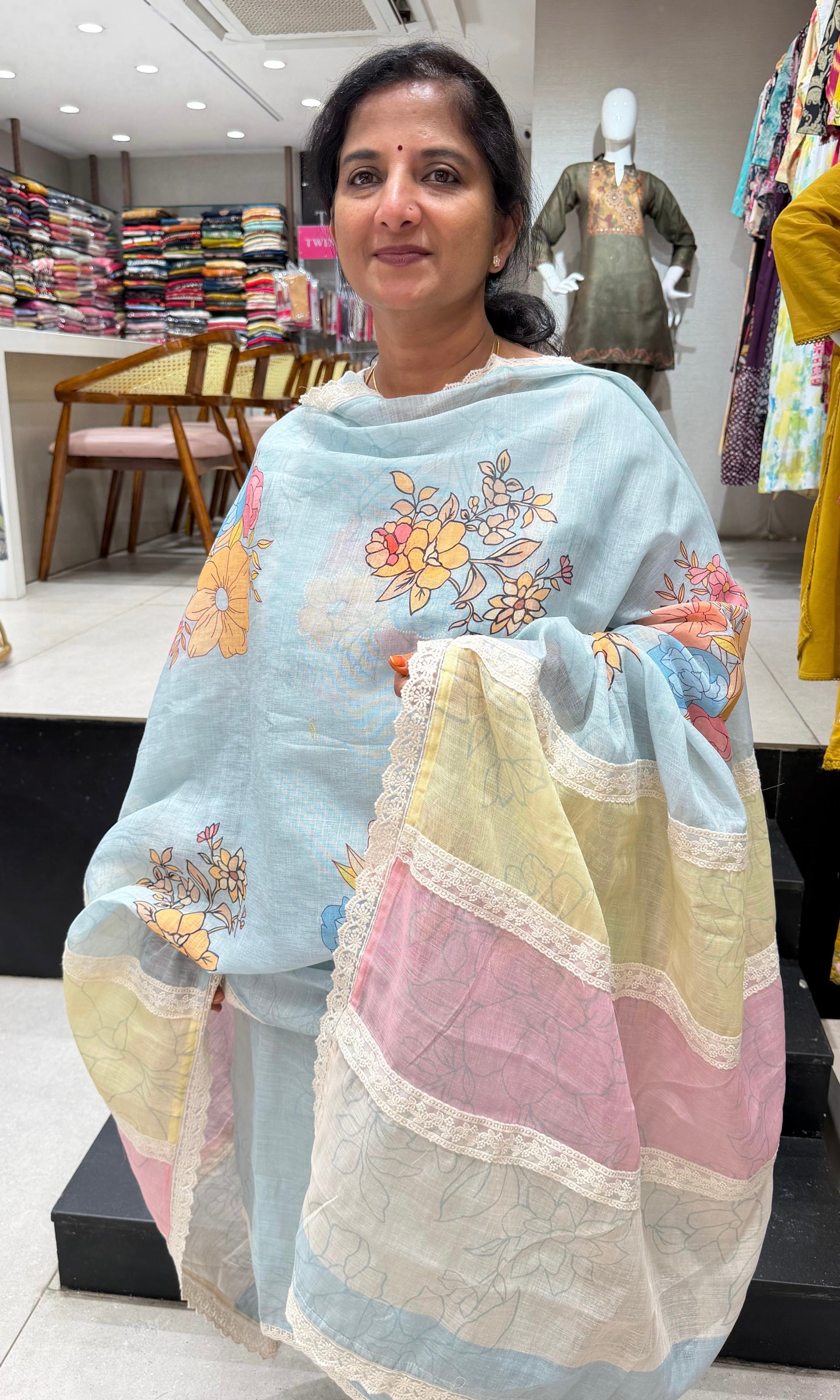 Sky Blue Straight Kurta Set with Multicolor Pastel dupatta