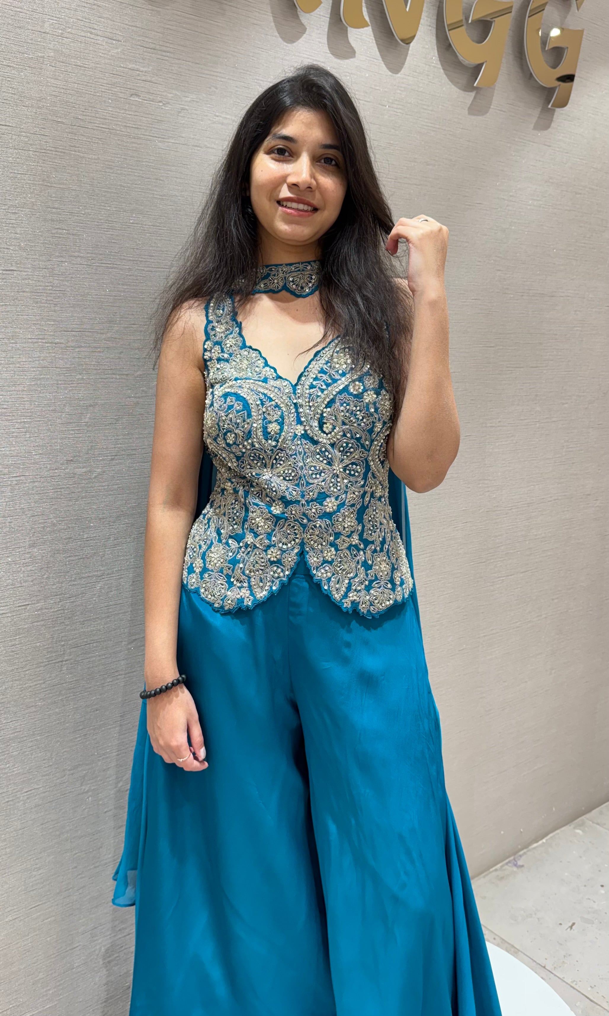 Rama blue EMBROIDERED PEPLUM PALAZZO SET
