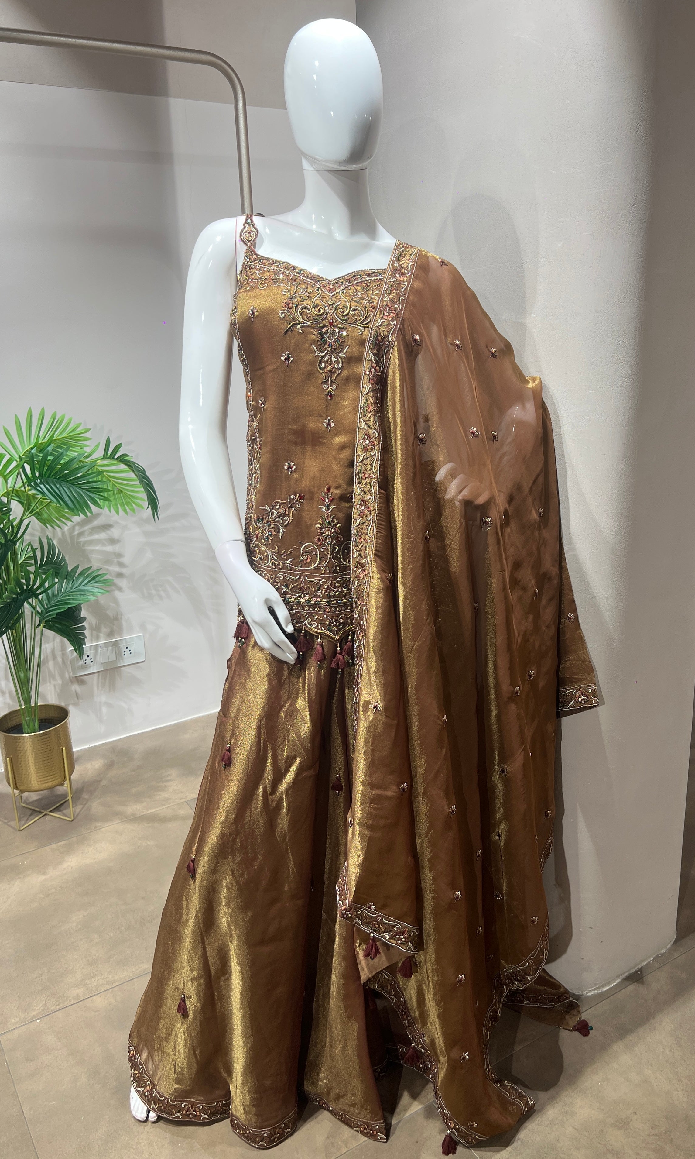 Brown Gold Shimmer Tissue A-Line Anarkali