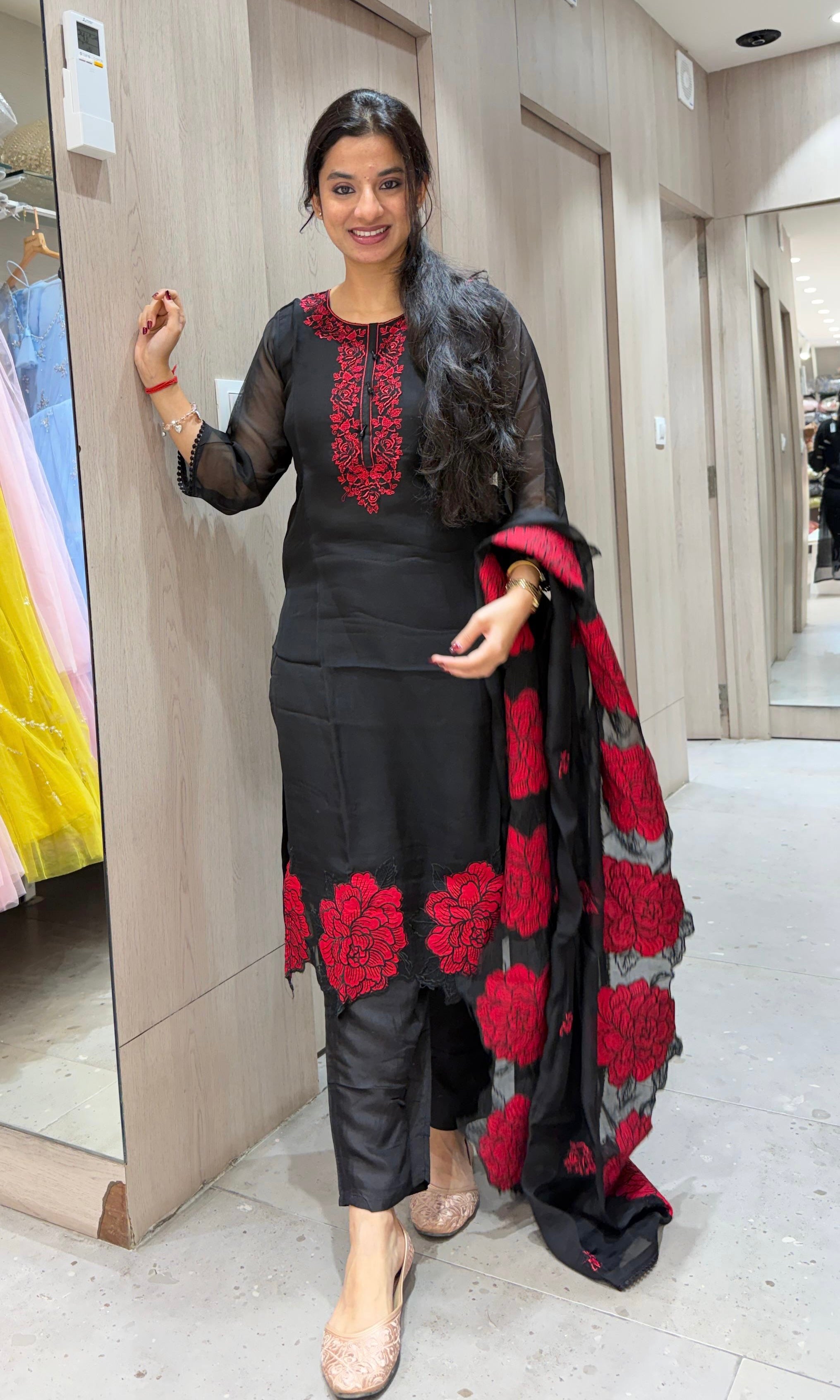 Black RED FLORAL EMBROIDERED kurta set