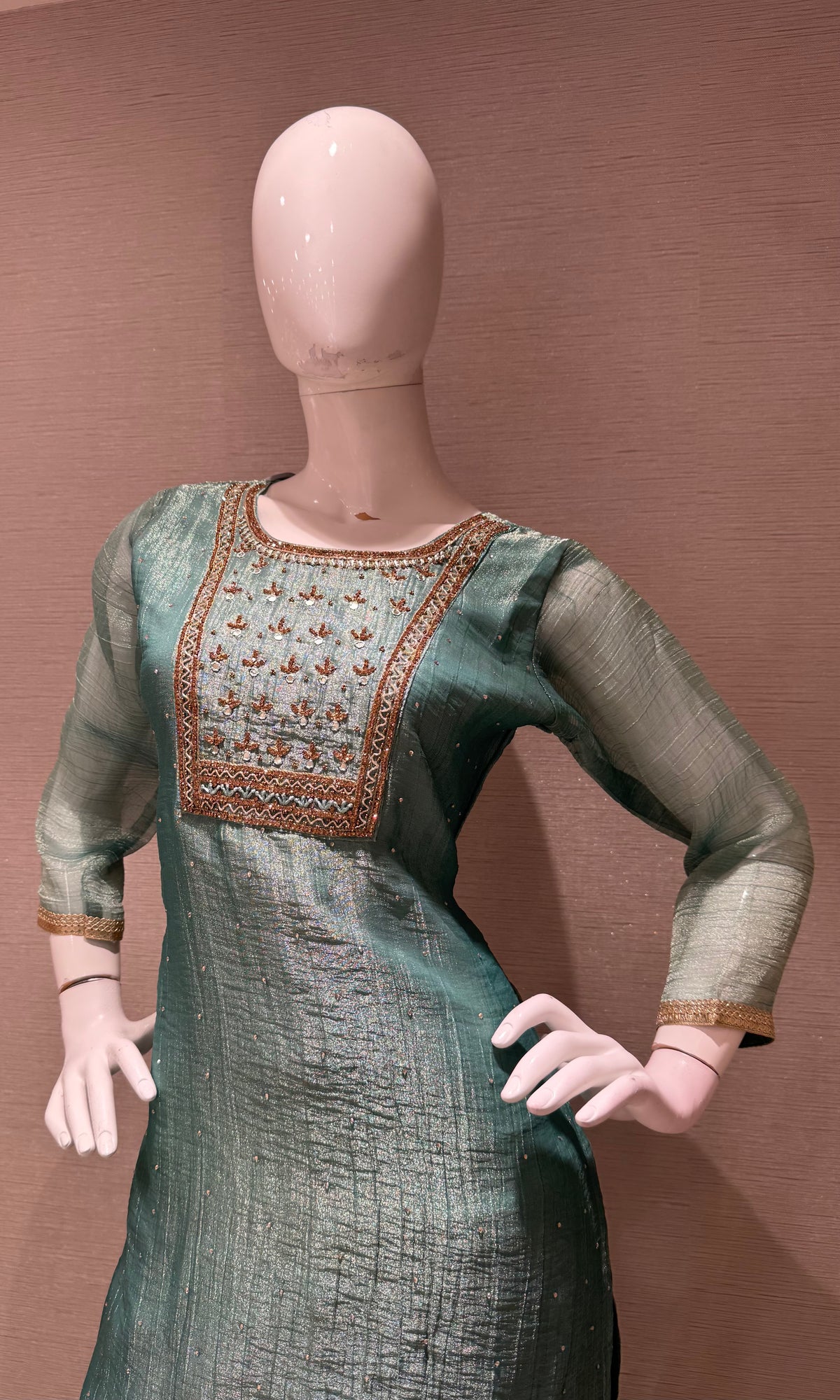 Sea green Tissue silk Salwar Kurta set with Gold Embroidery