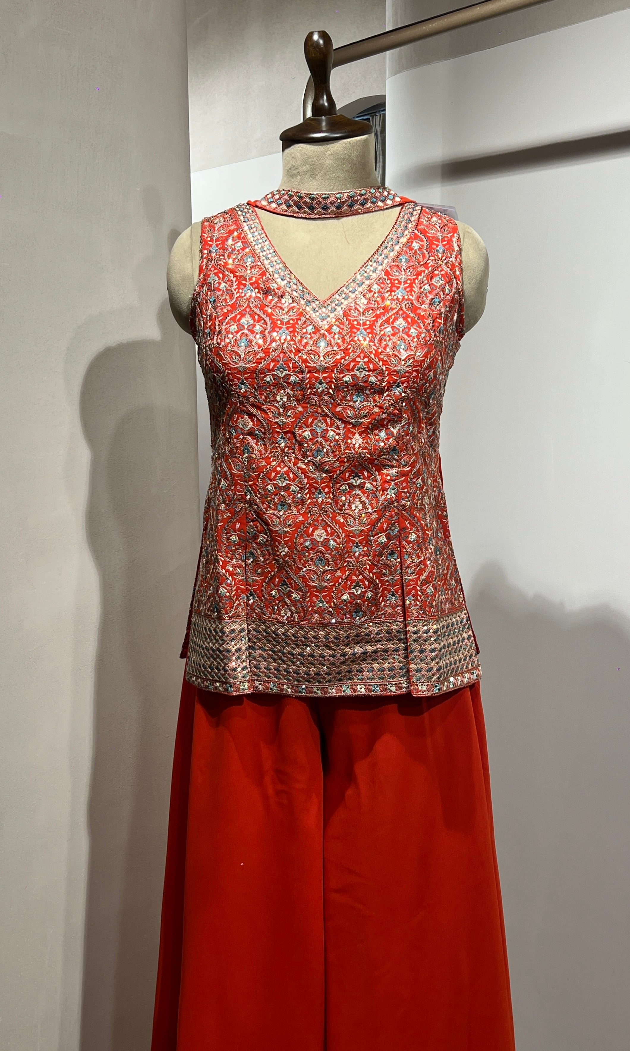 Rust EMBROIDERED PEPLUM PALAZZO SET