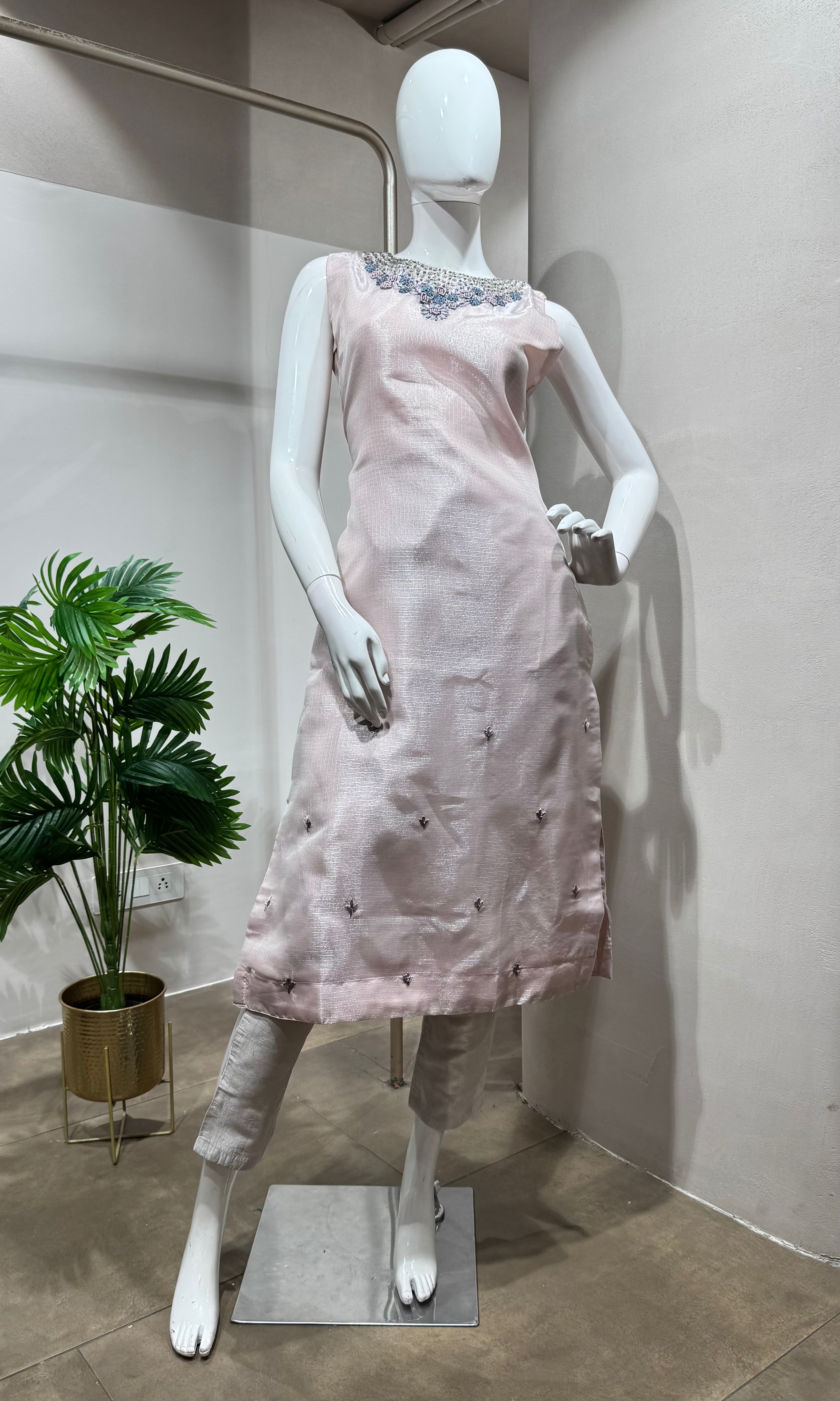 Baby Pink Embroidered Kota Kurta set