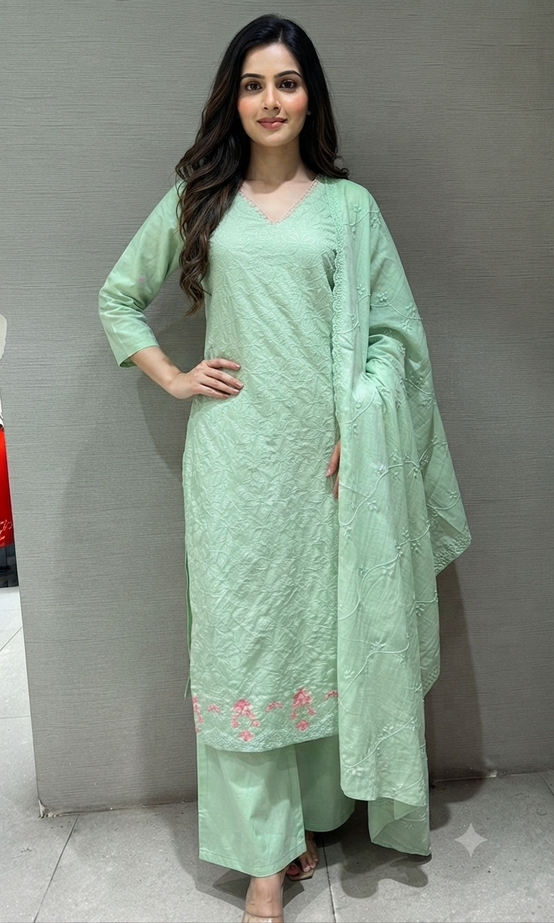 Pista Green Floral Kurta Set with Matching Dupatta