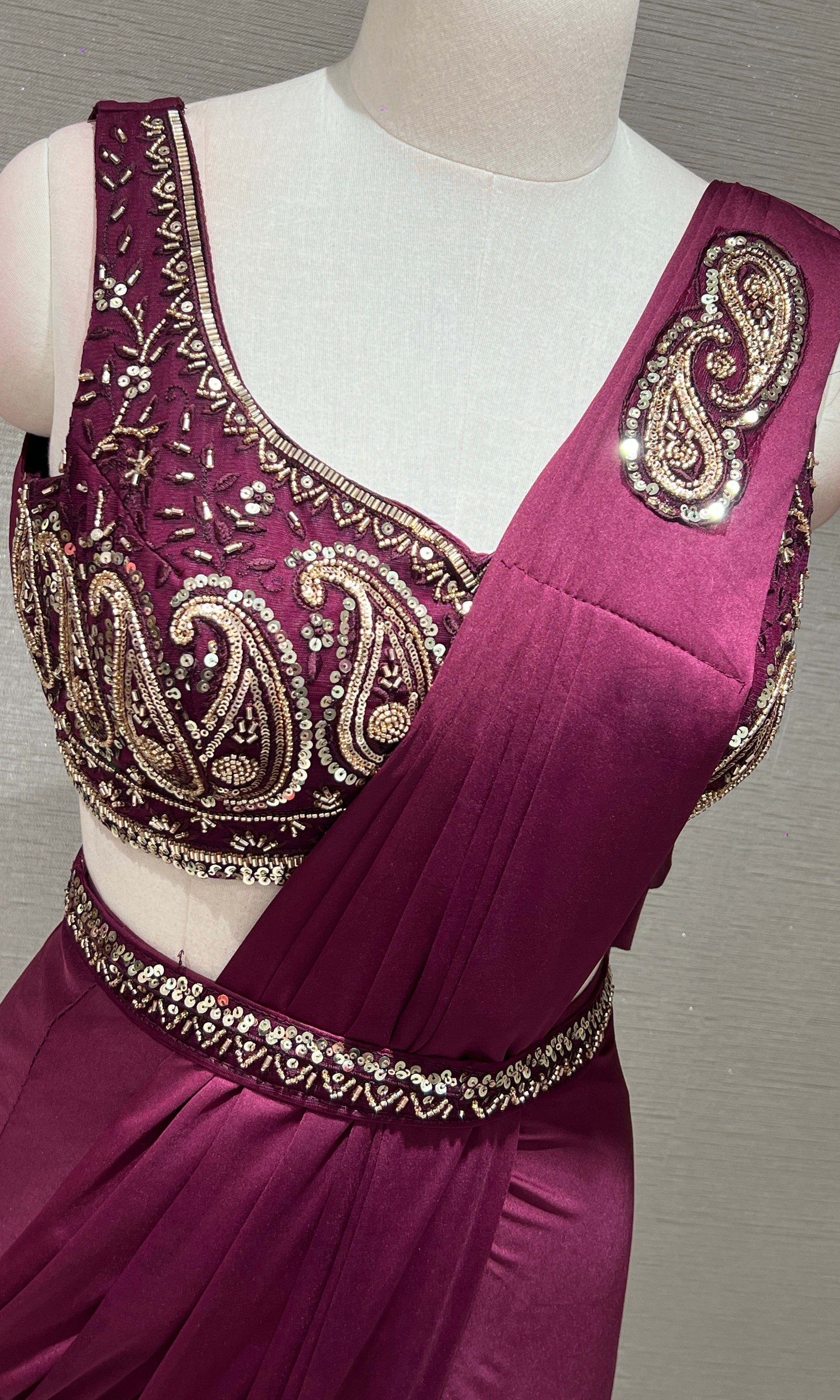 WINE Embellished Drape Saree WITH BLOUSE & BELT