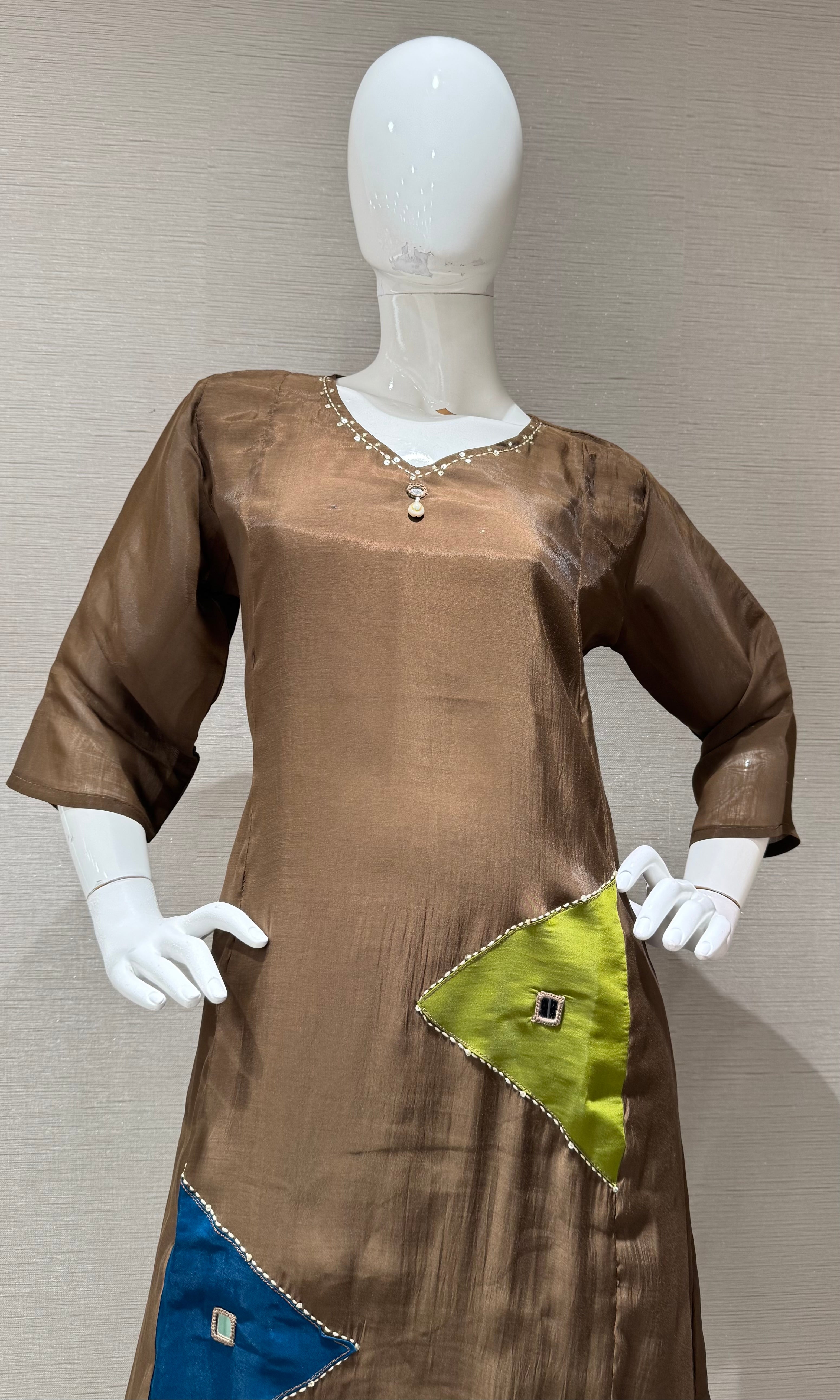 Brown Straight Patch Kurta Set with Dupatta