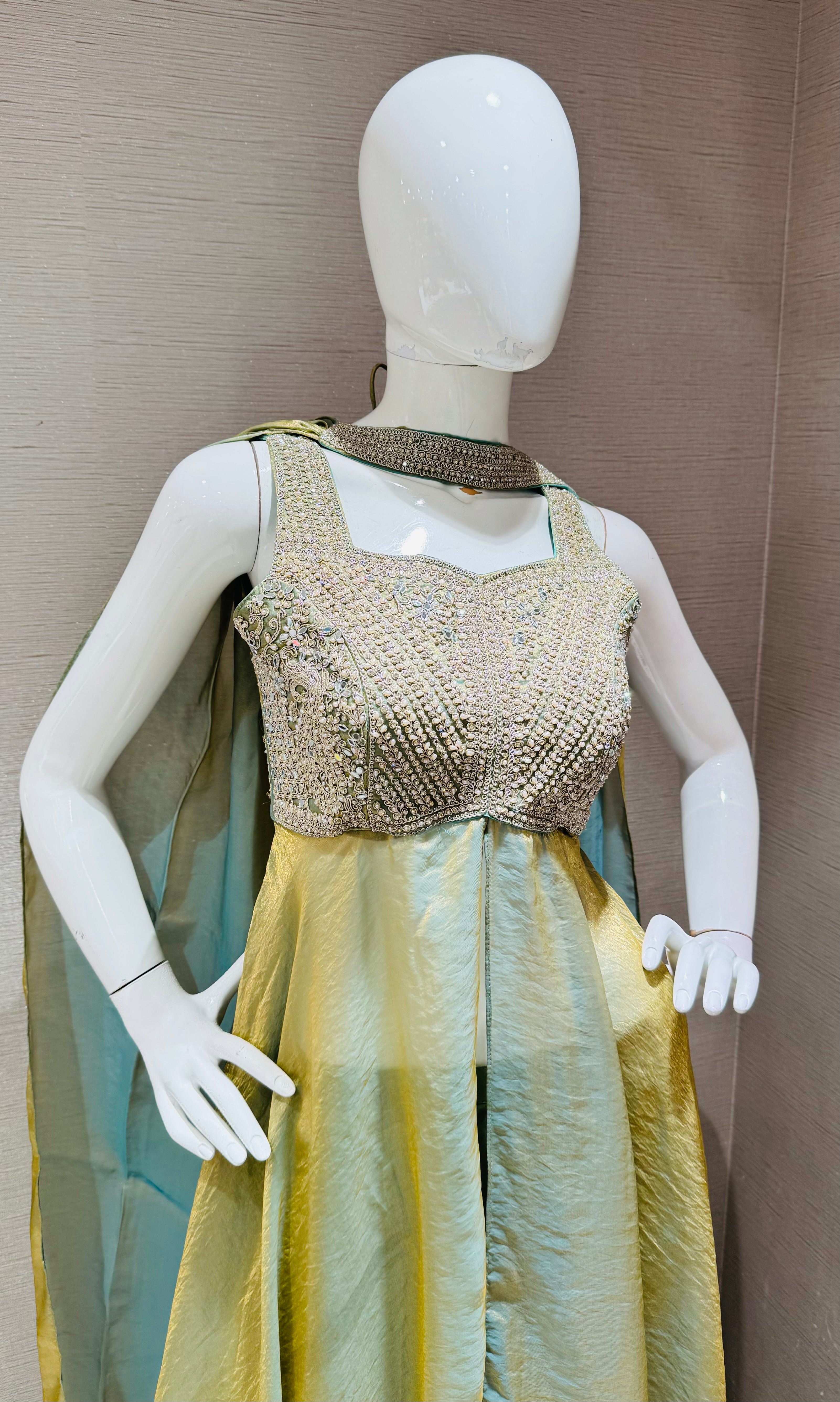 Green embroidered shimmer tissue palazzo set