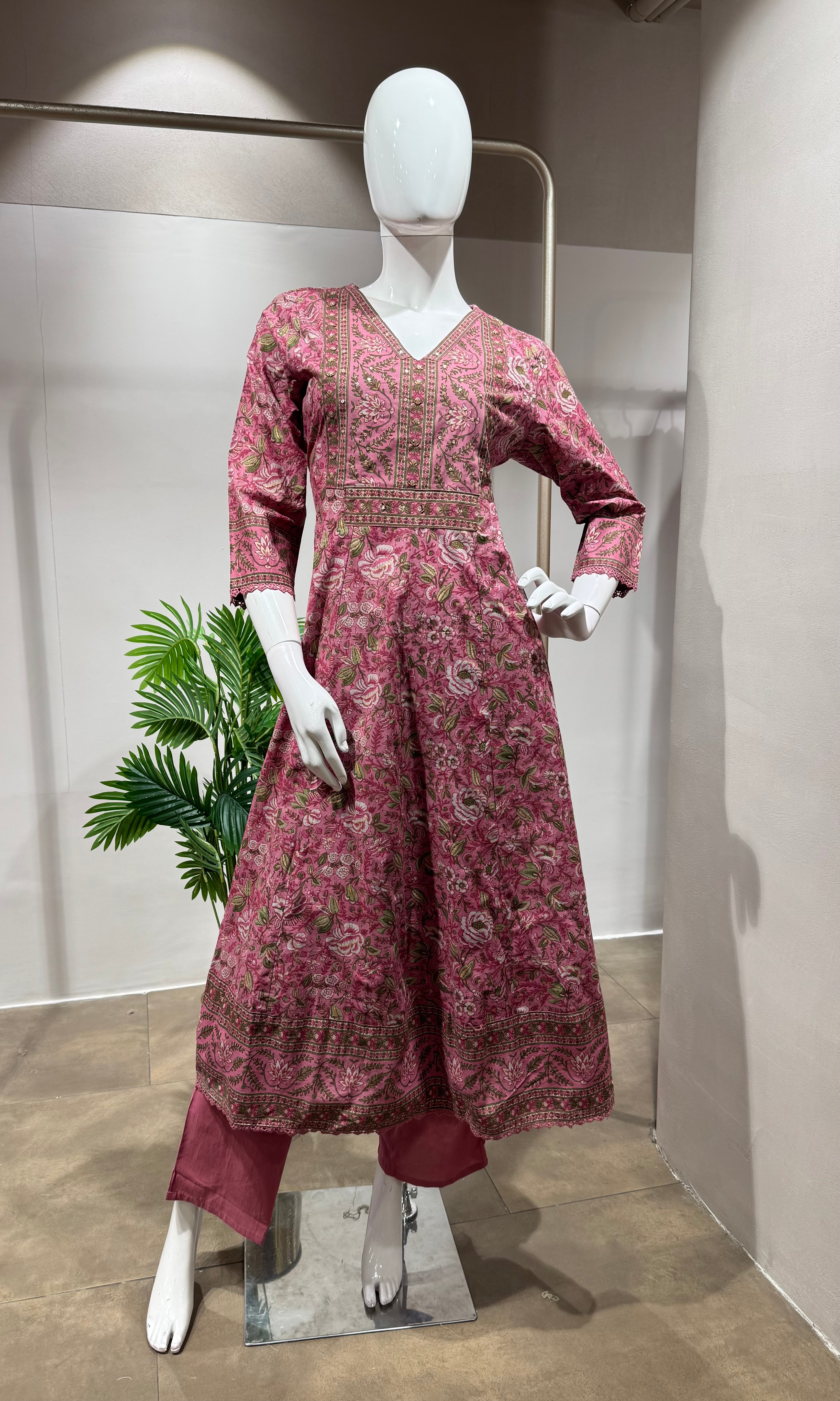 PINK Printed Pure Cotton Anarkali Kurta Set