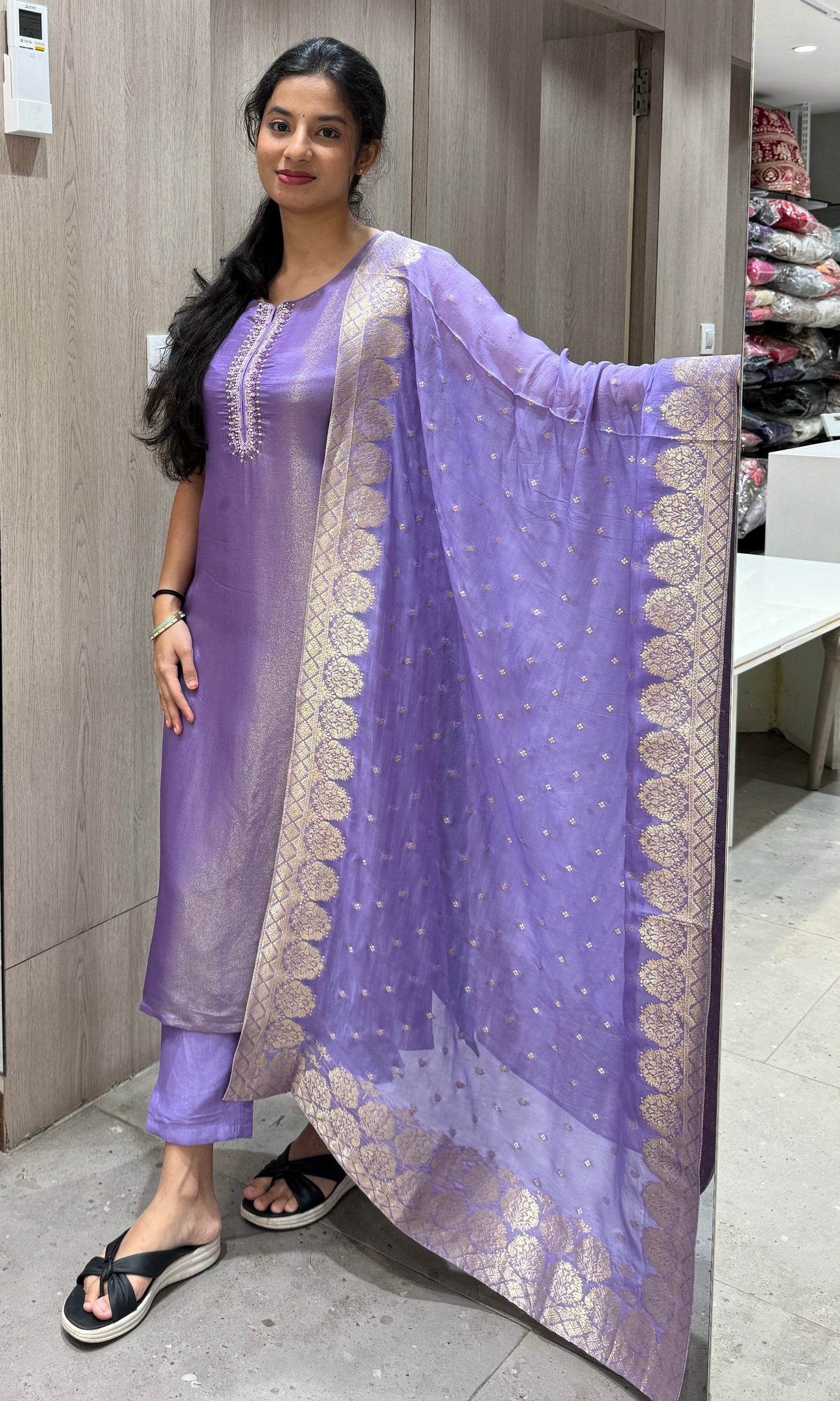 Purple lilac gold shimmer silk kurta set monochrome kurta