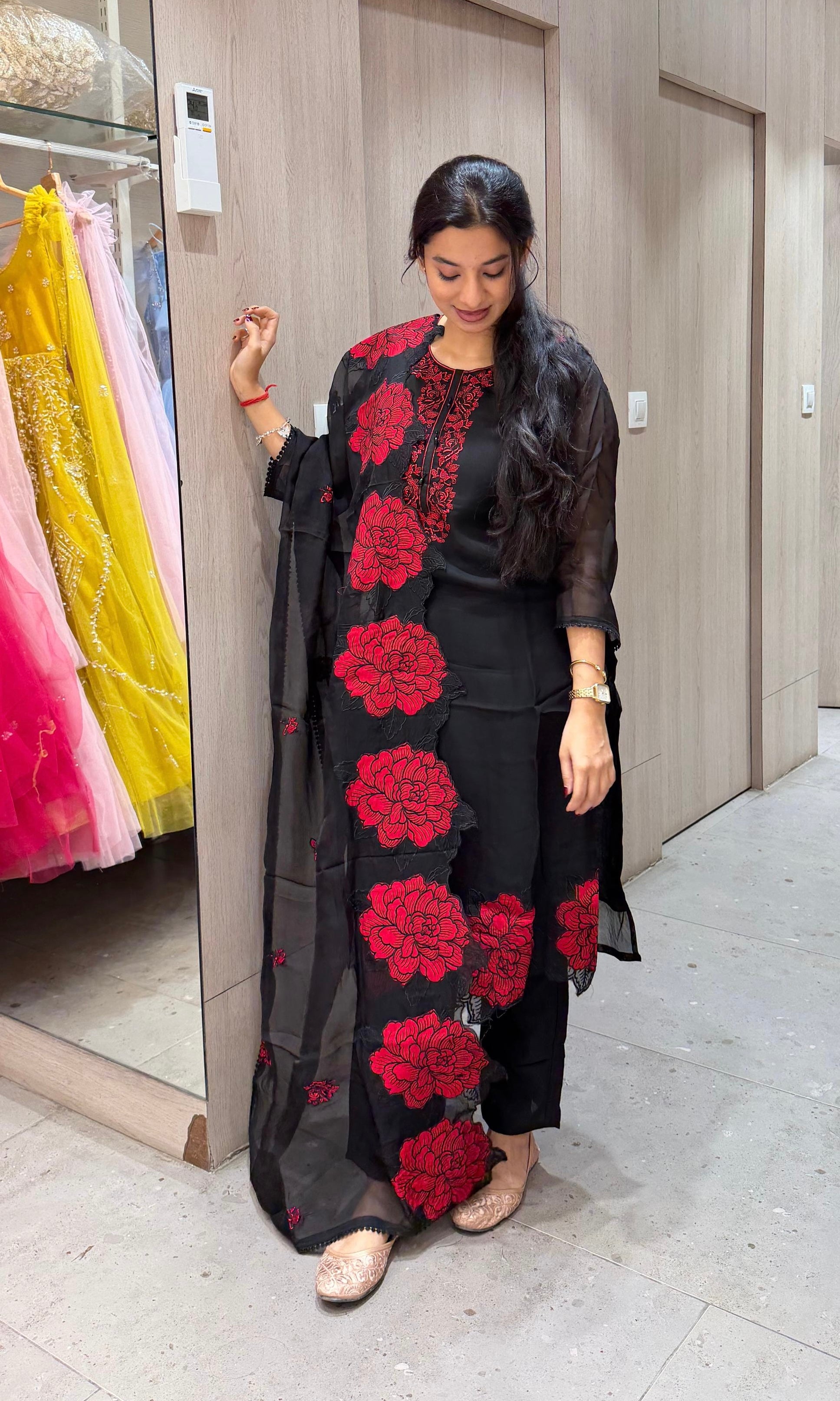 Black RED FLORAL EMBROIDERED kurta set