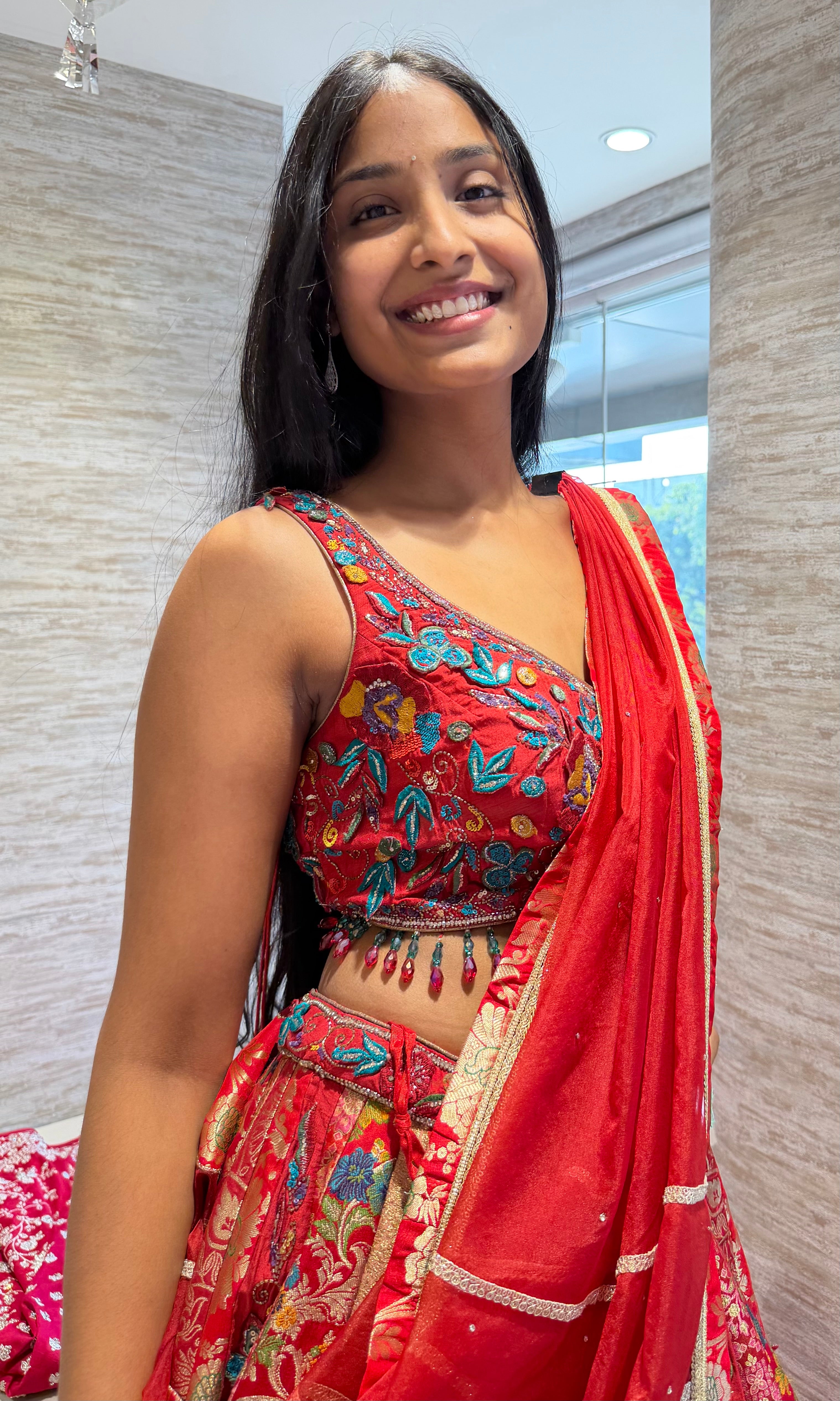 Red Floral Embroidered Lehenga Set