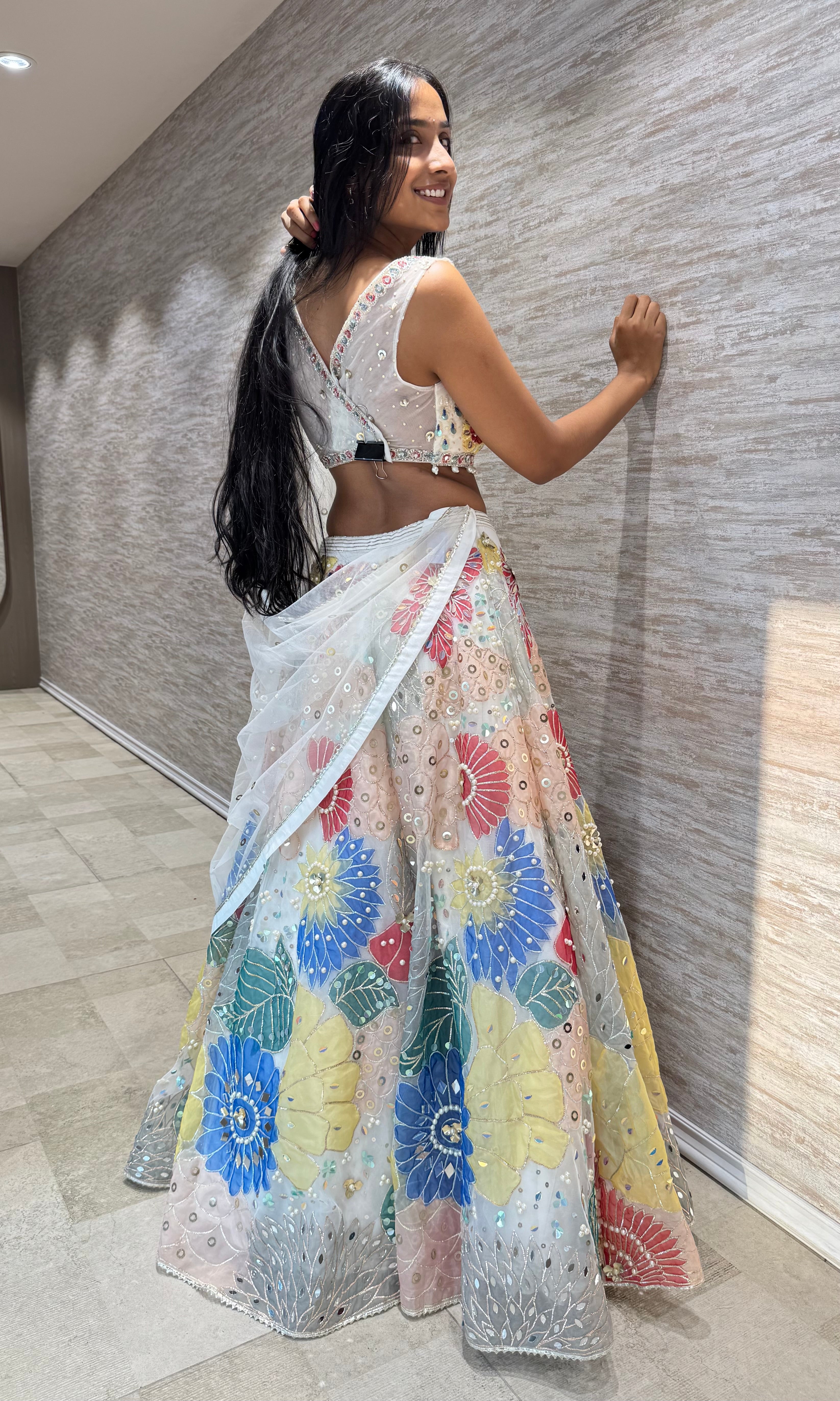 WHITE MULTI FLORAL EMBROIDERED LEHENGA