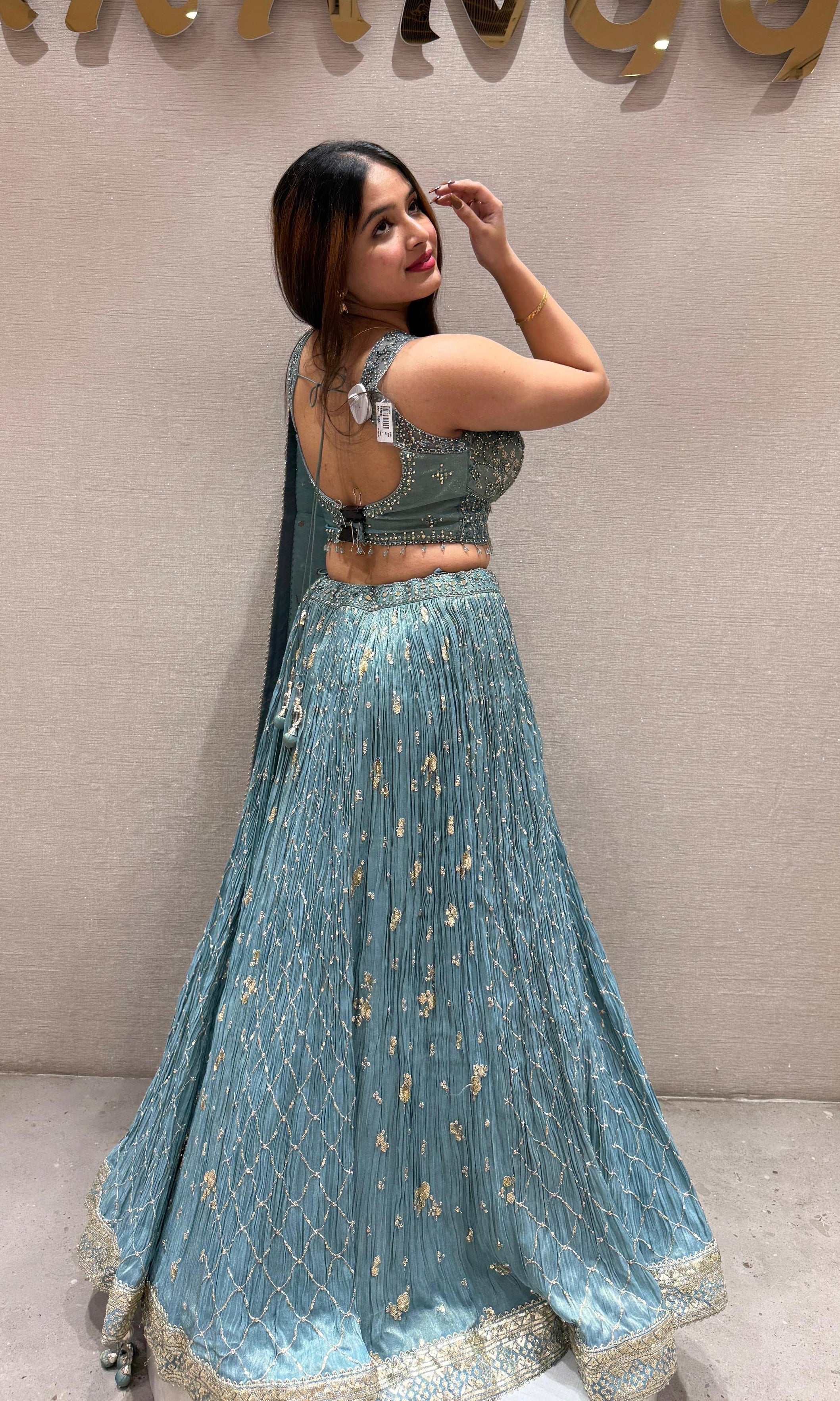 Blue tissue gold embroidered lehenga