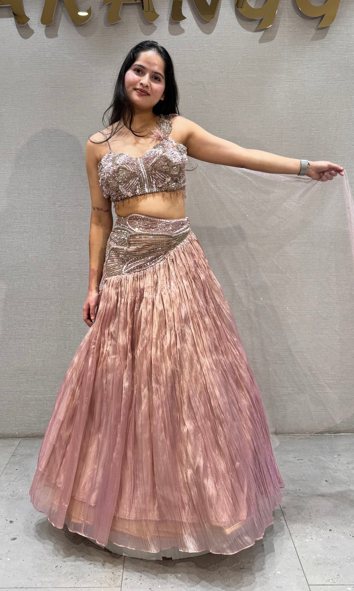 Blush Pink Embellished Tissue Lehenga Set