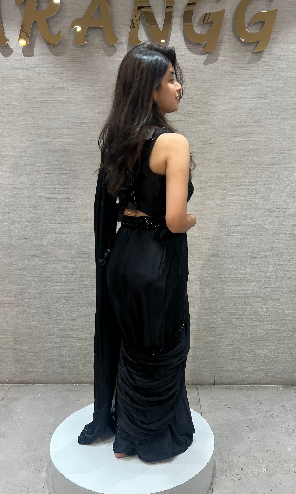 Black satin Embellished Draped Saree with Ethnic Blouse