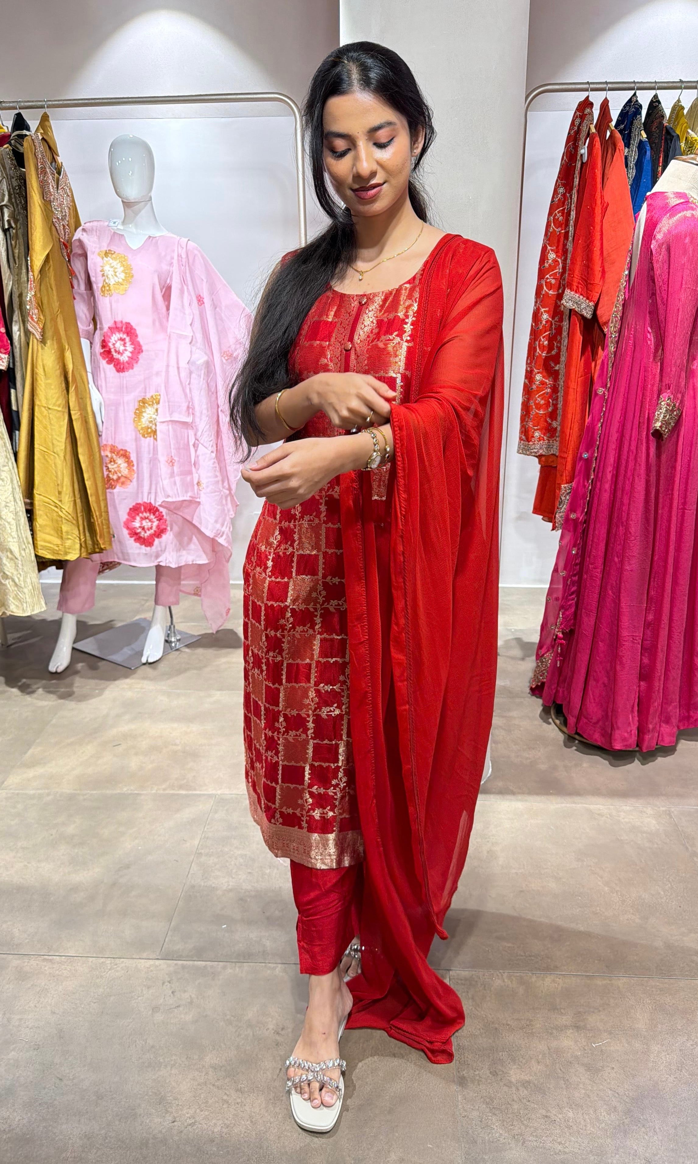 red Silk Embroidered Zari Kurta Set