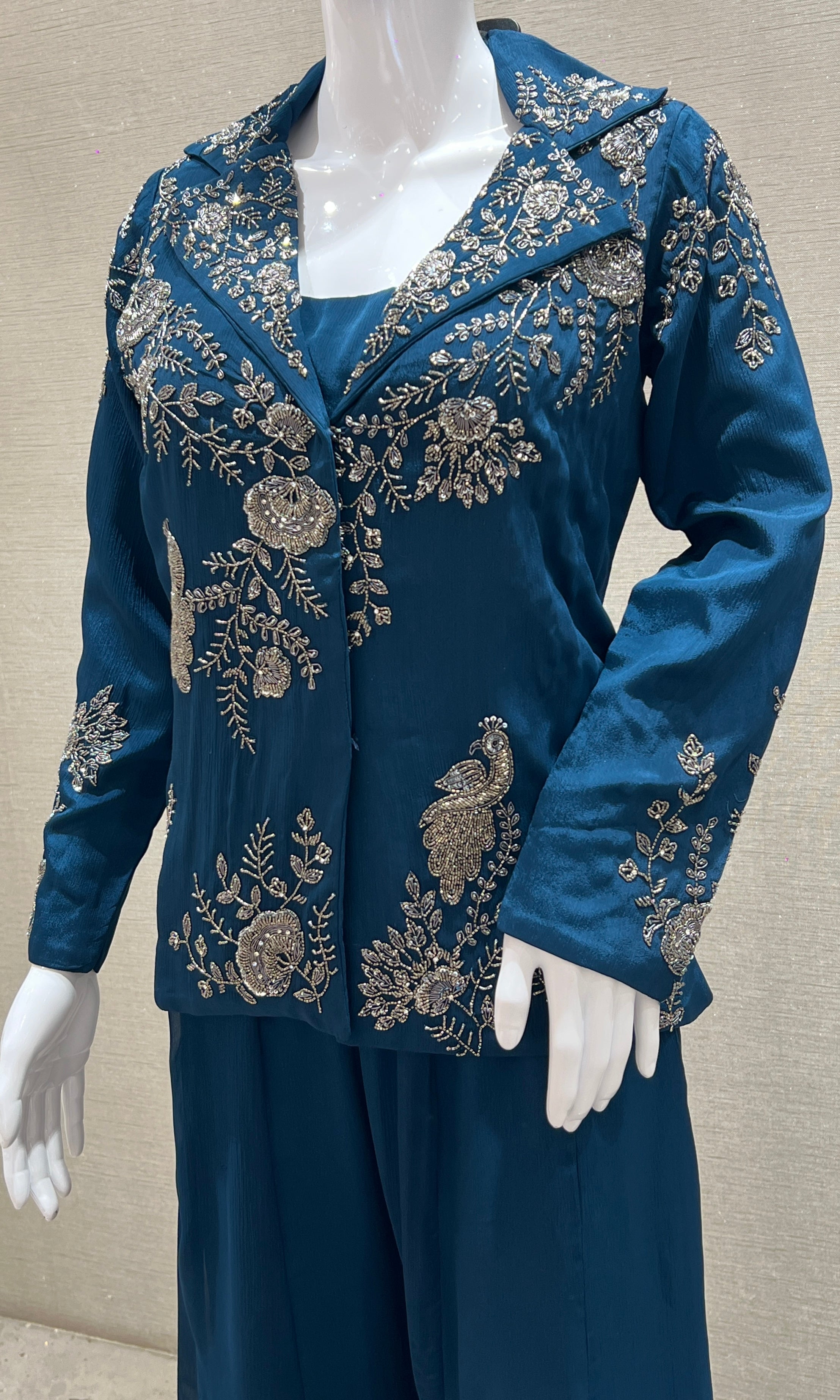 Peacock blue palazzo set with jacket