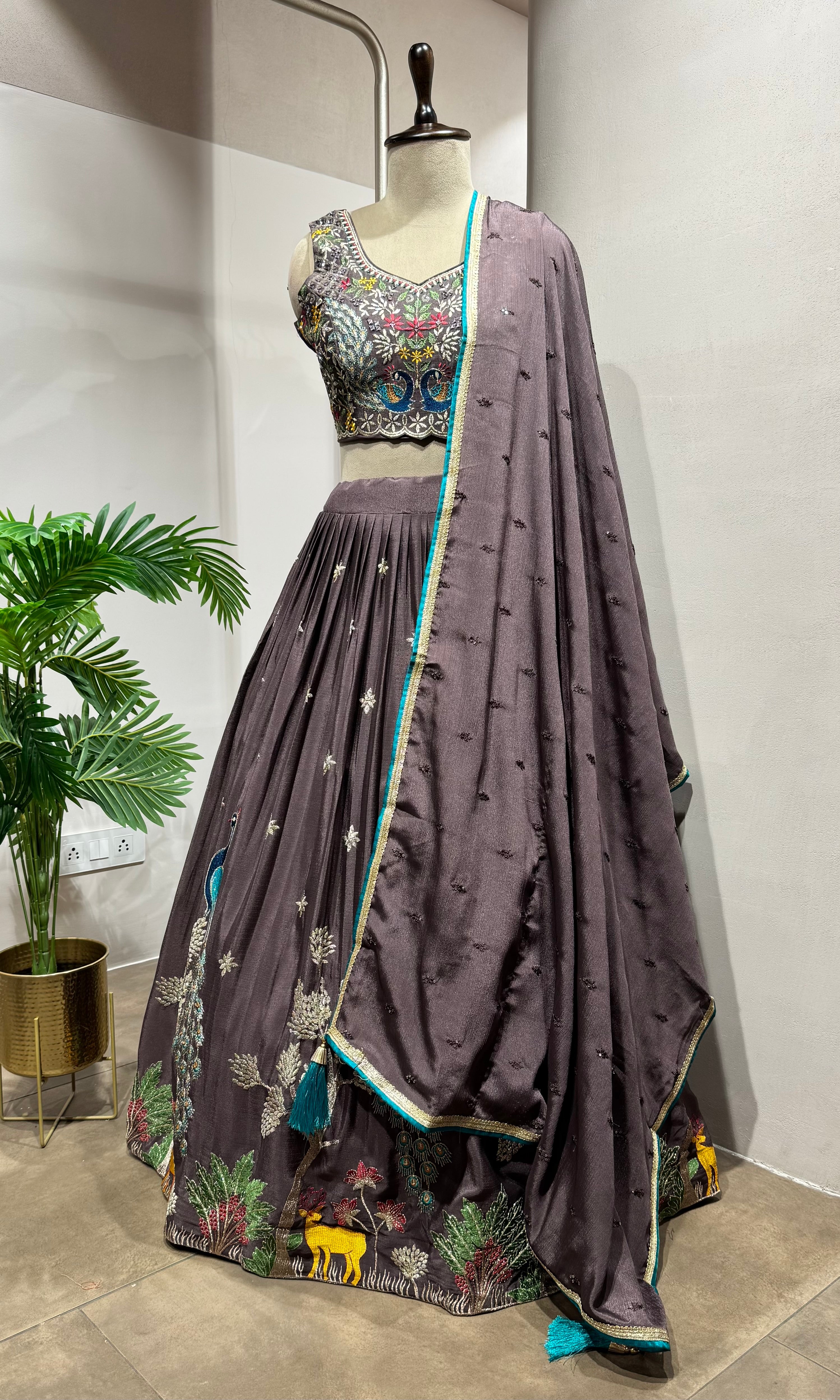 Brown Georgette Lehenga with Multi-Color Embroidery