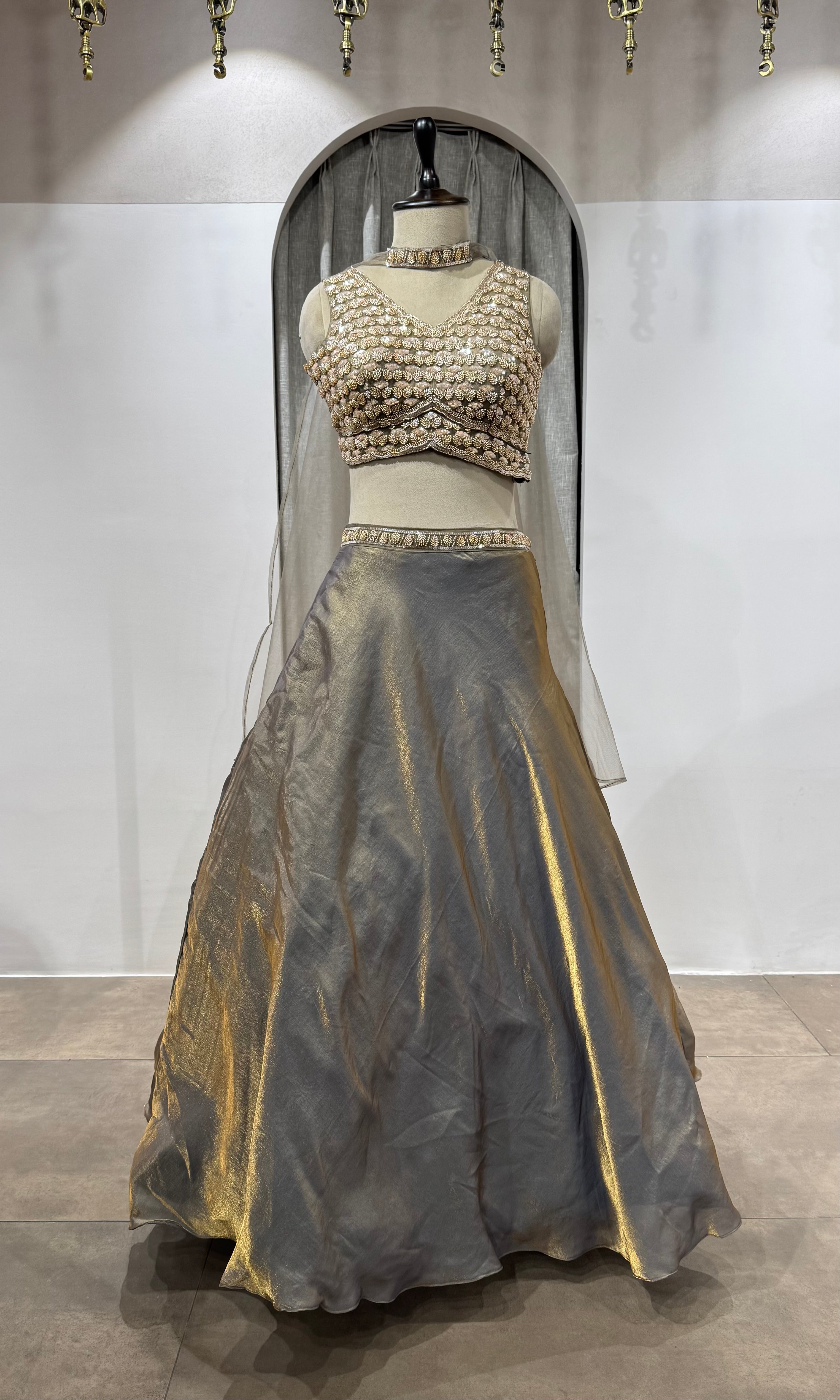 BROWN GOLDEN LEHENGA WITH EMBROIDERED BLOUSE
