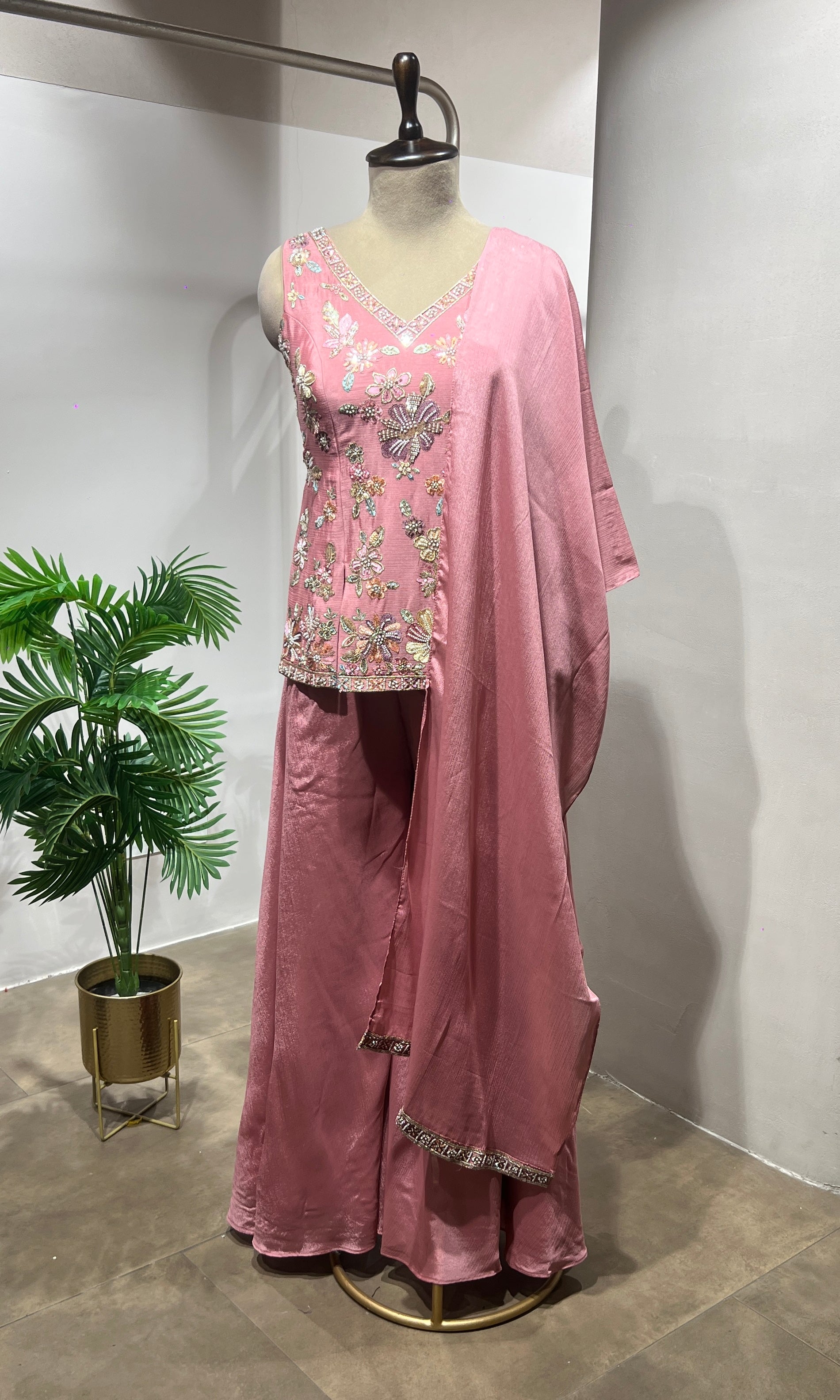 Baby Pink Floral Embroidered Palazzo Suit