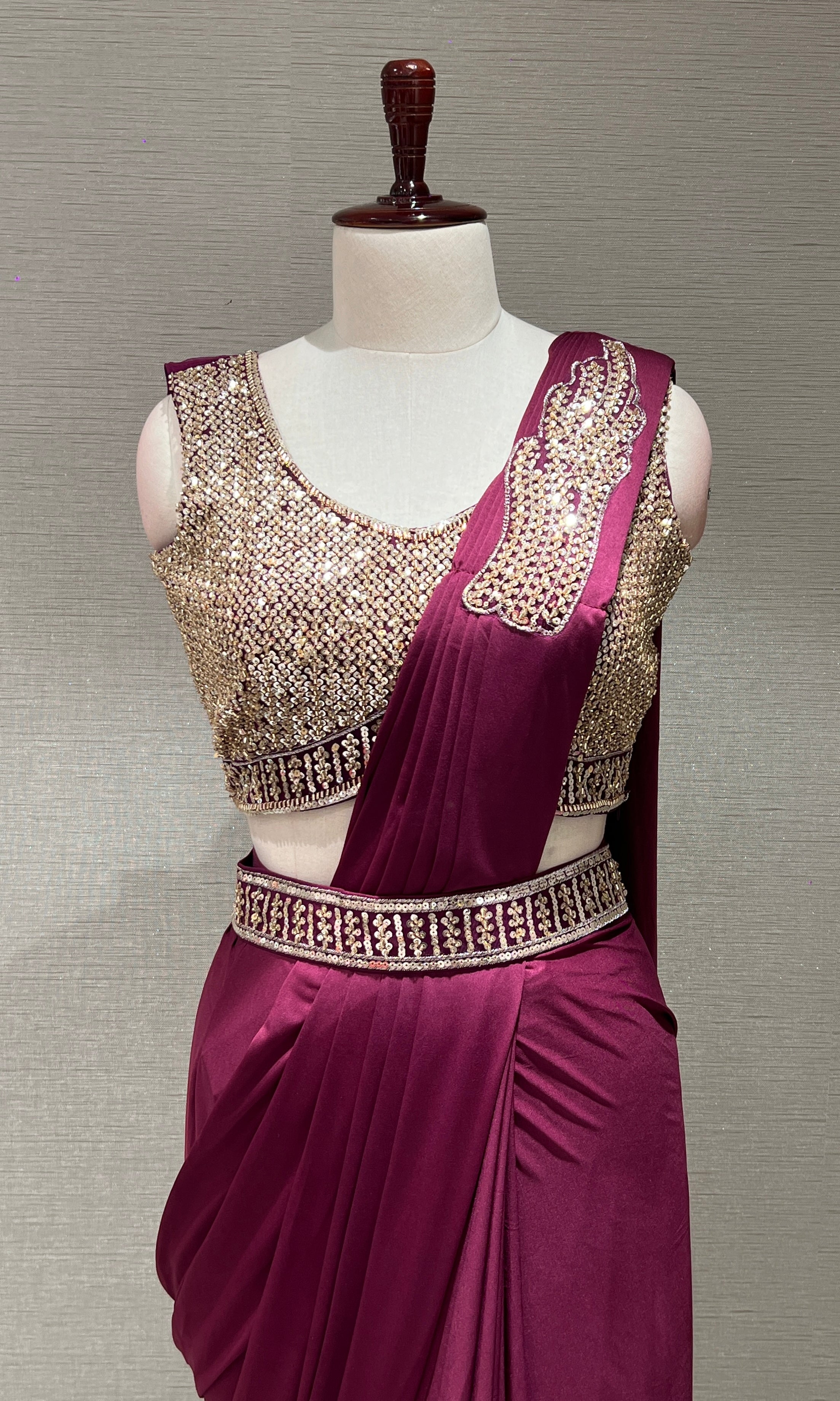 WINE drape saree with embroiderY blouse & belt