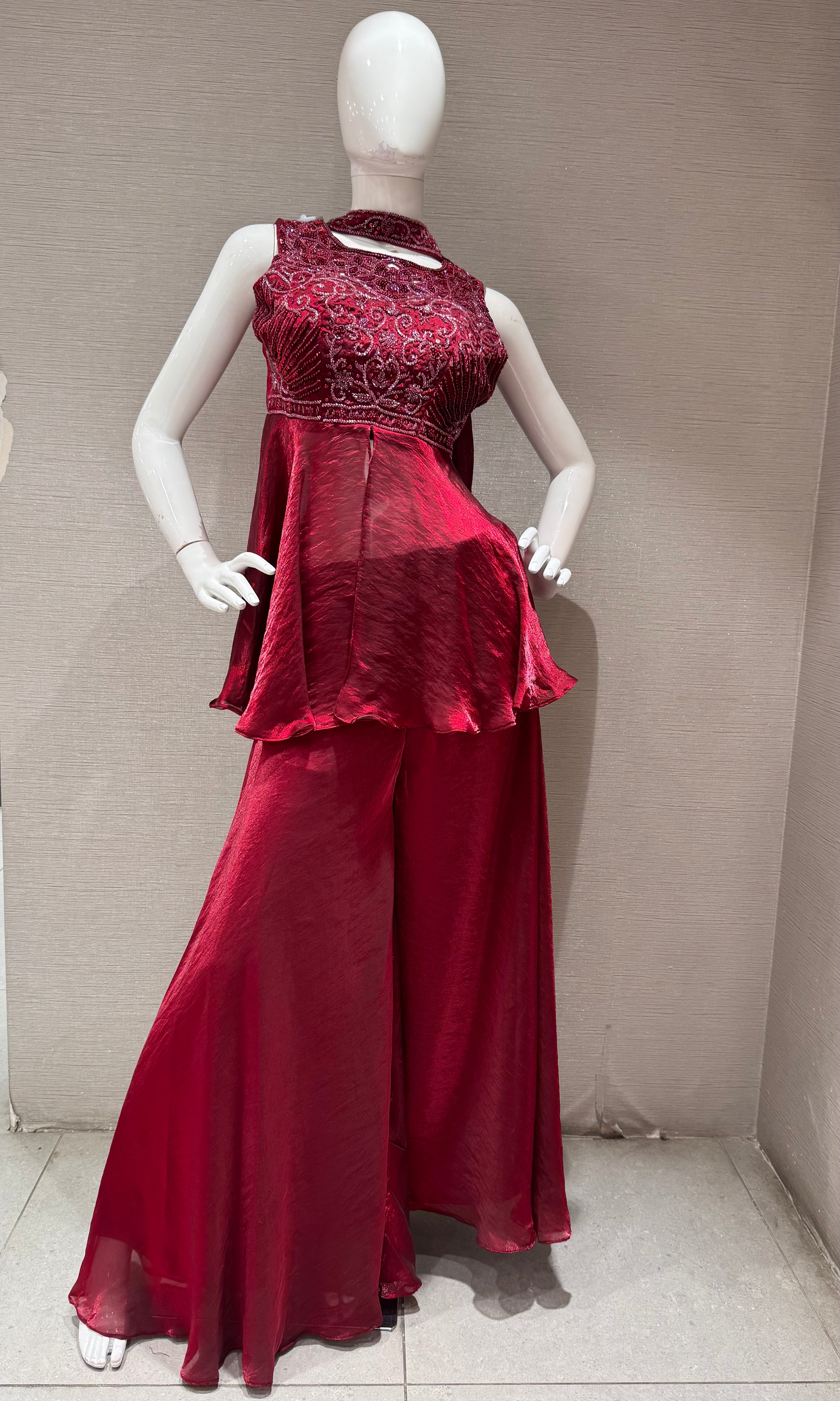 Maroon Embellished Peplum Palazzo Set