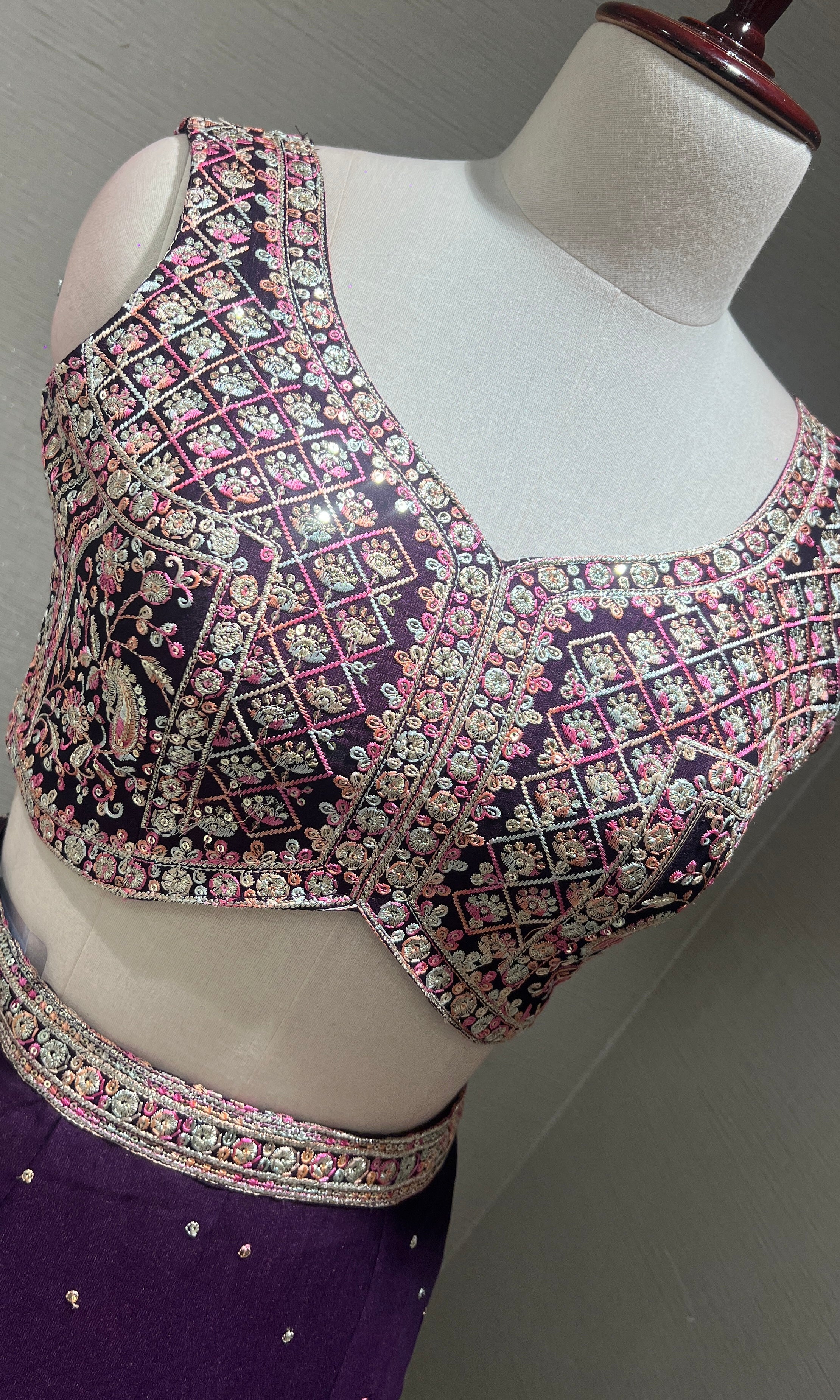 Wine Mirrorwork Embroidered Lehenga Set