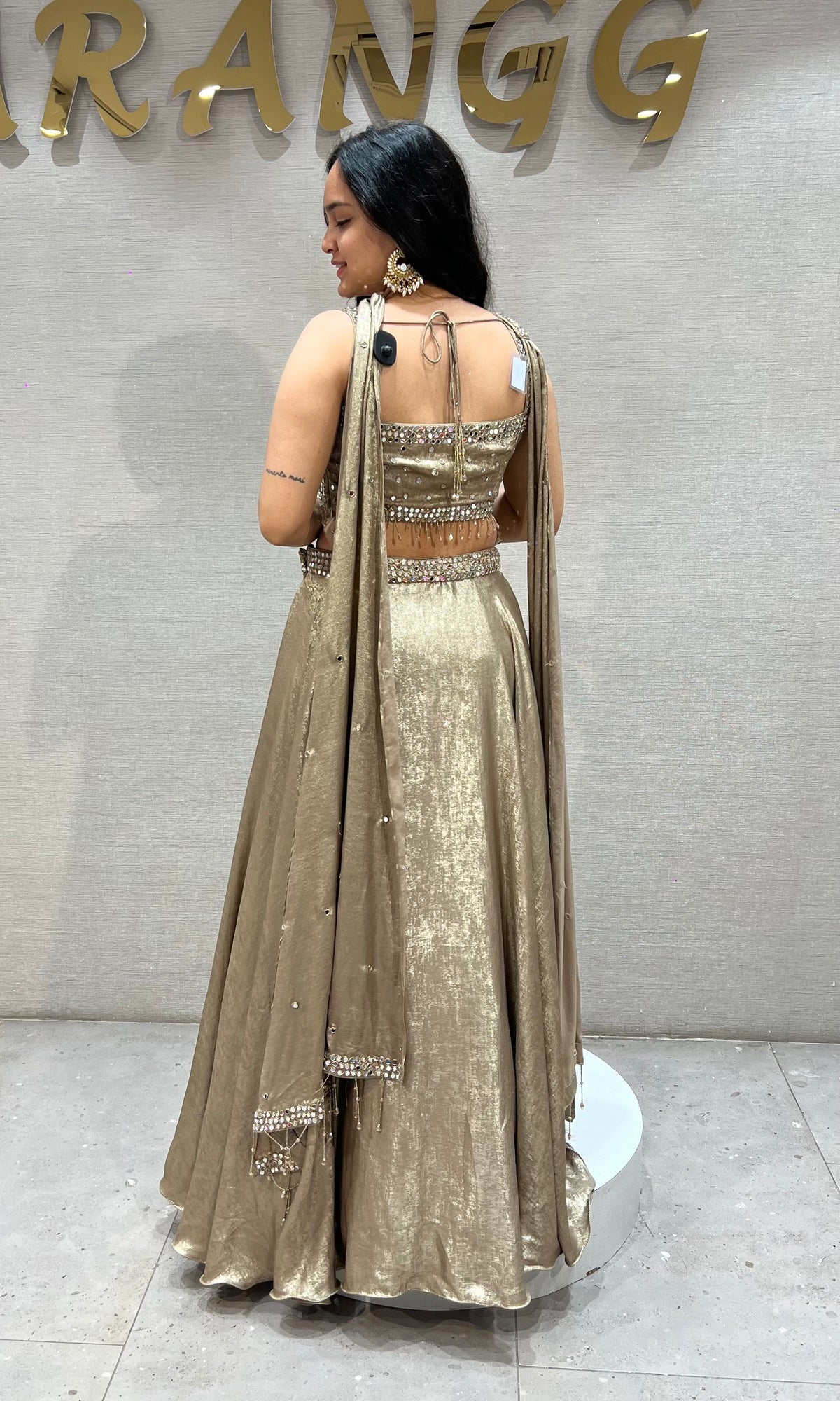 champagne Shimmering Metallic Gold Lehenga Set
