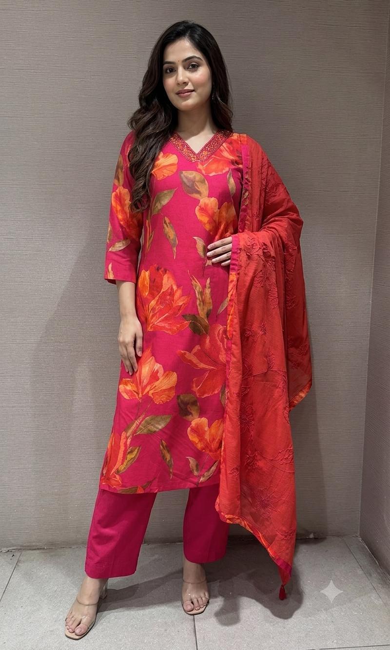 Rani pink Abstract Floral Straight Kurta Set