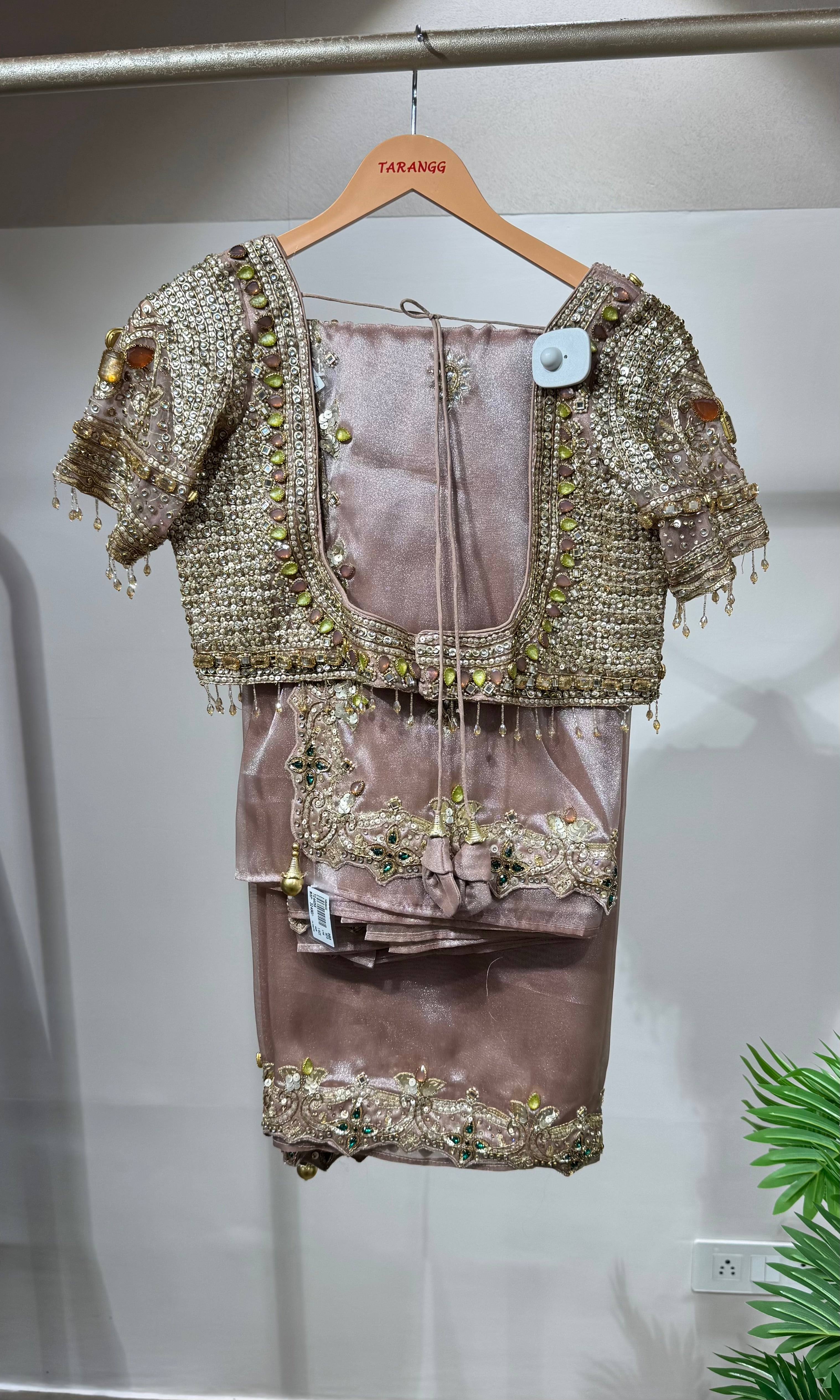 Onion pink Shimmer Saree with Multi-Stone Blouse