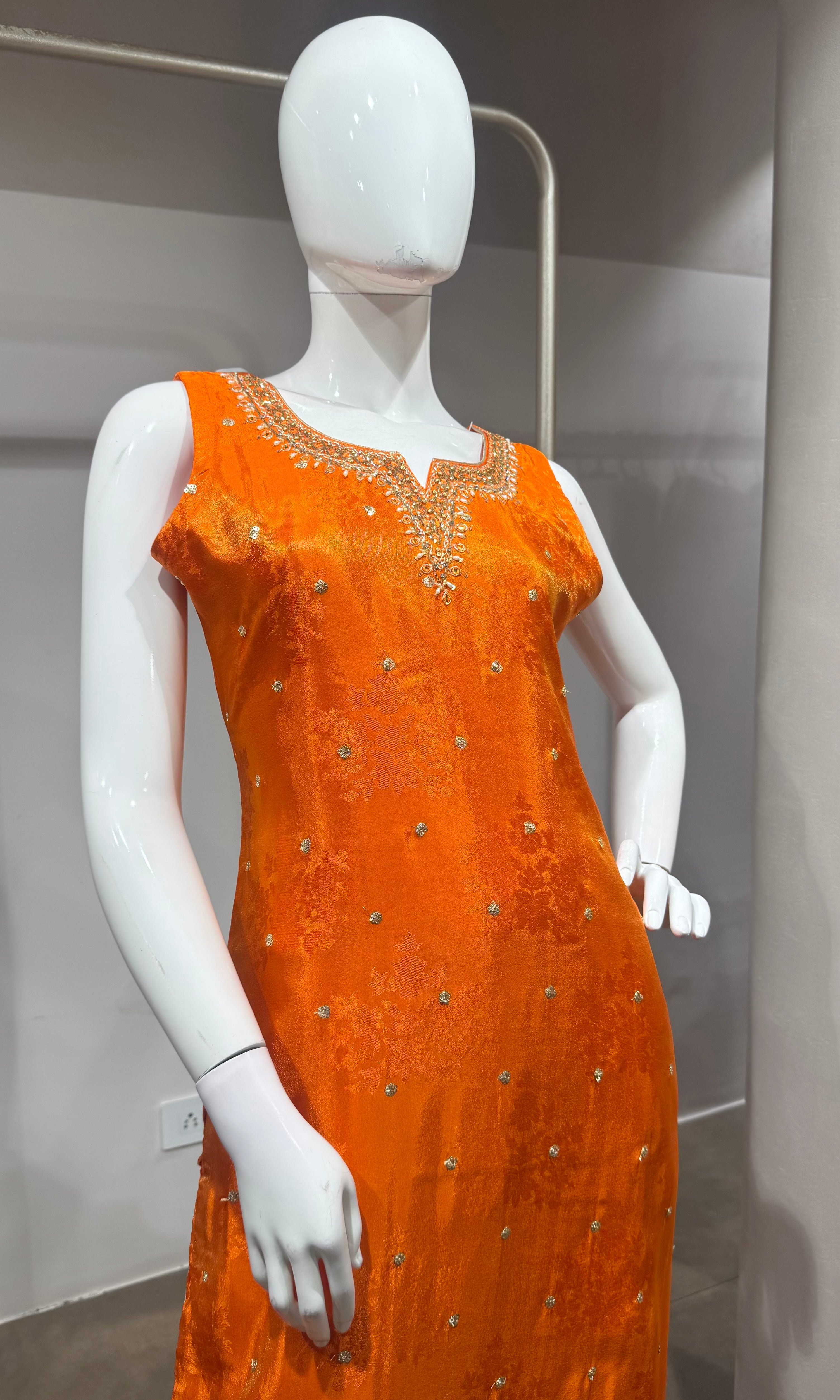 orange intricate gold embroidery Kurta set