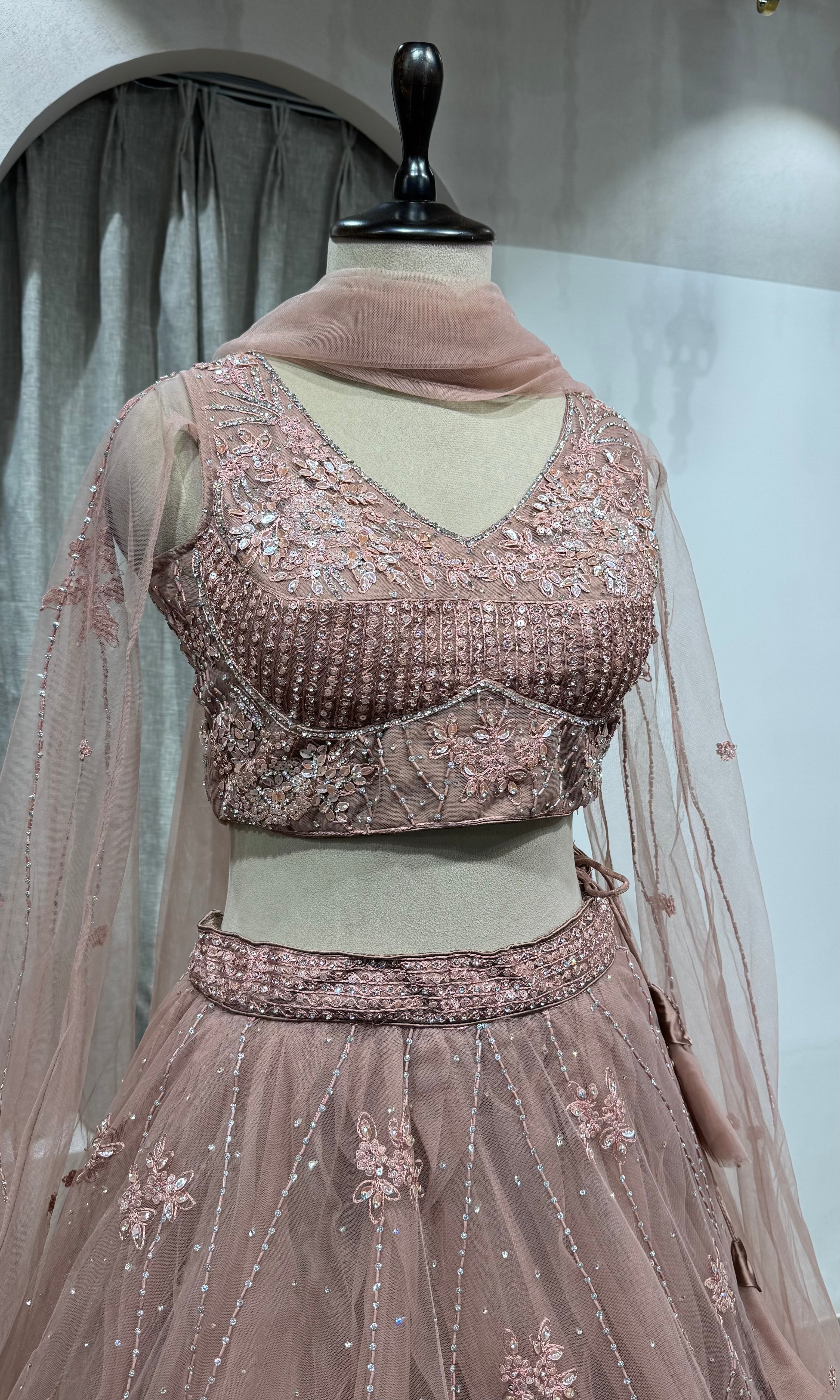 BROWN FLORAL EMBROIDERED NETTED CROP TOP LEHENGA