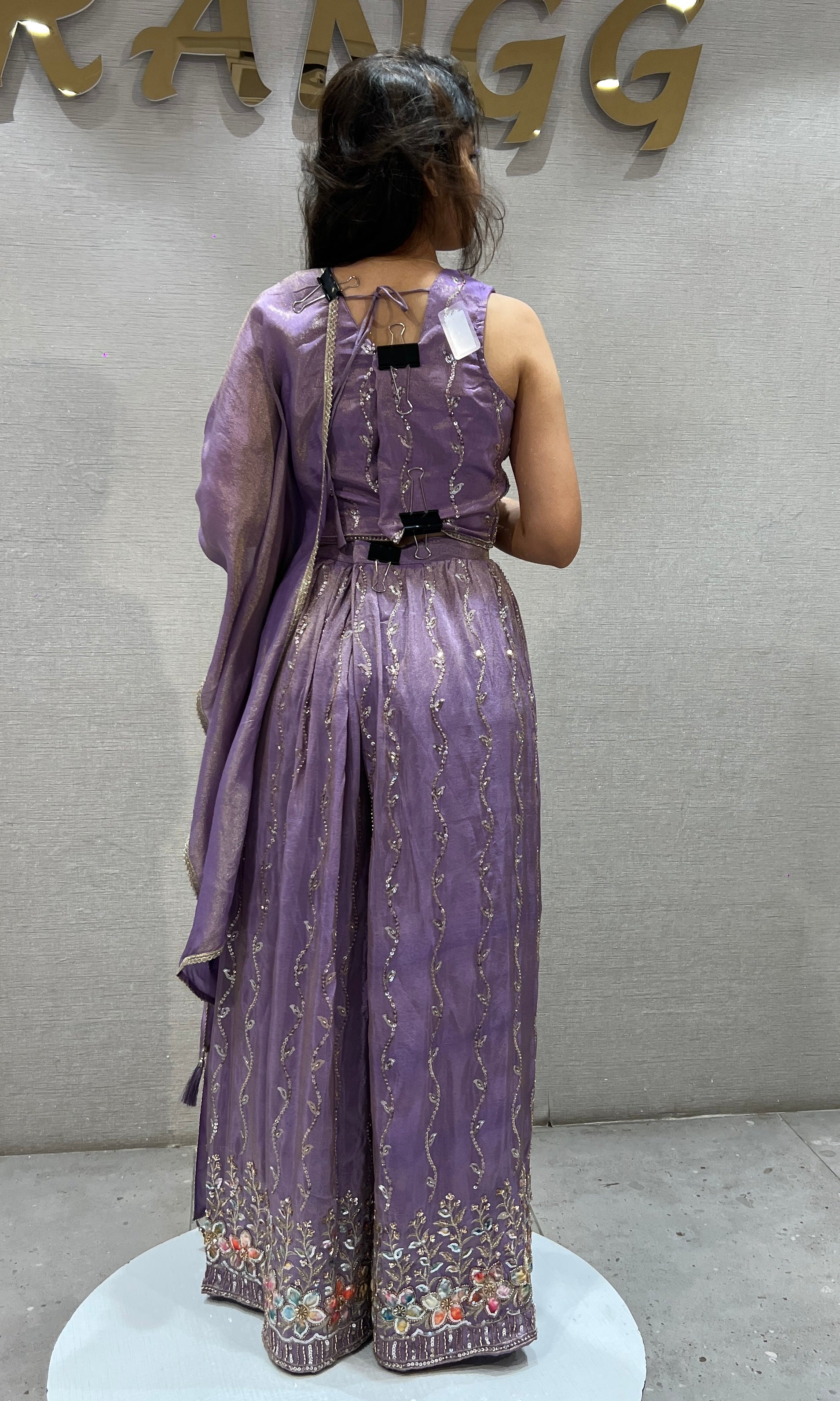Lilac Embroidered Crop Top Palazzo & Dupatta Set