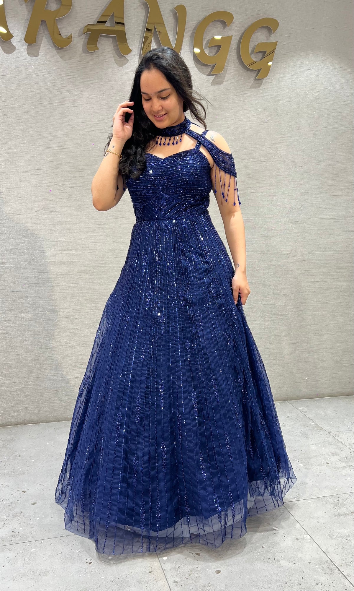 Royal Blue Halter Neck Ballgown with Sheer Cap Sleeves