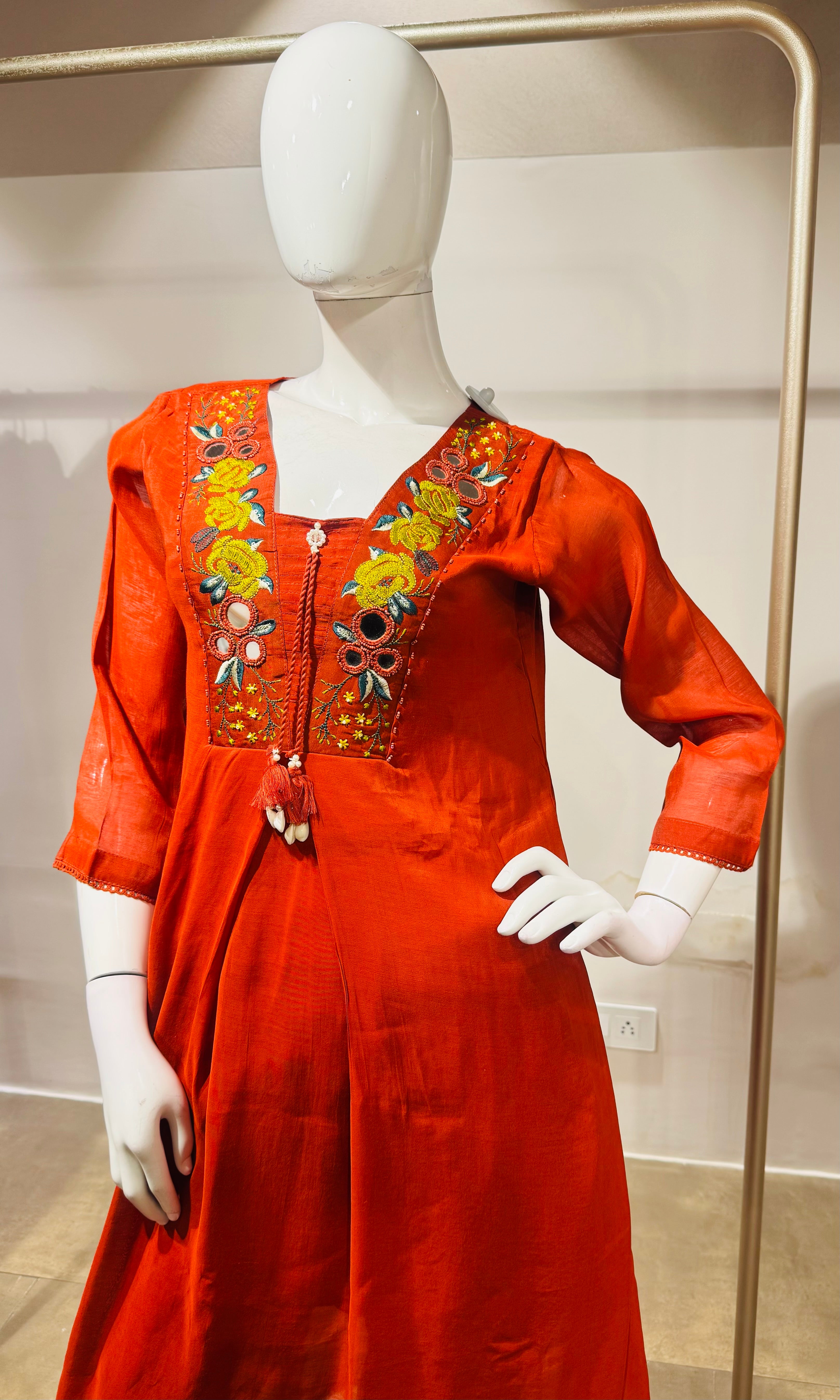 Rust Ethnic Kurta Set with Multicolored Neckline