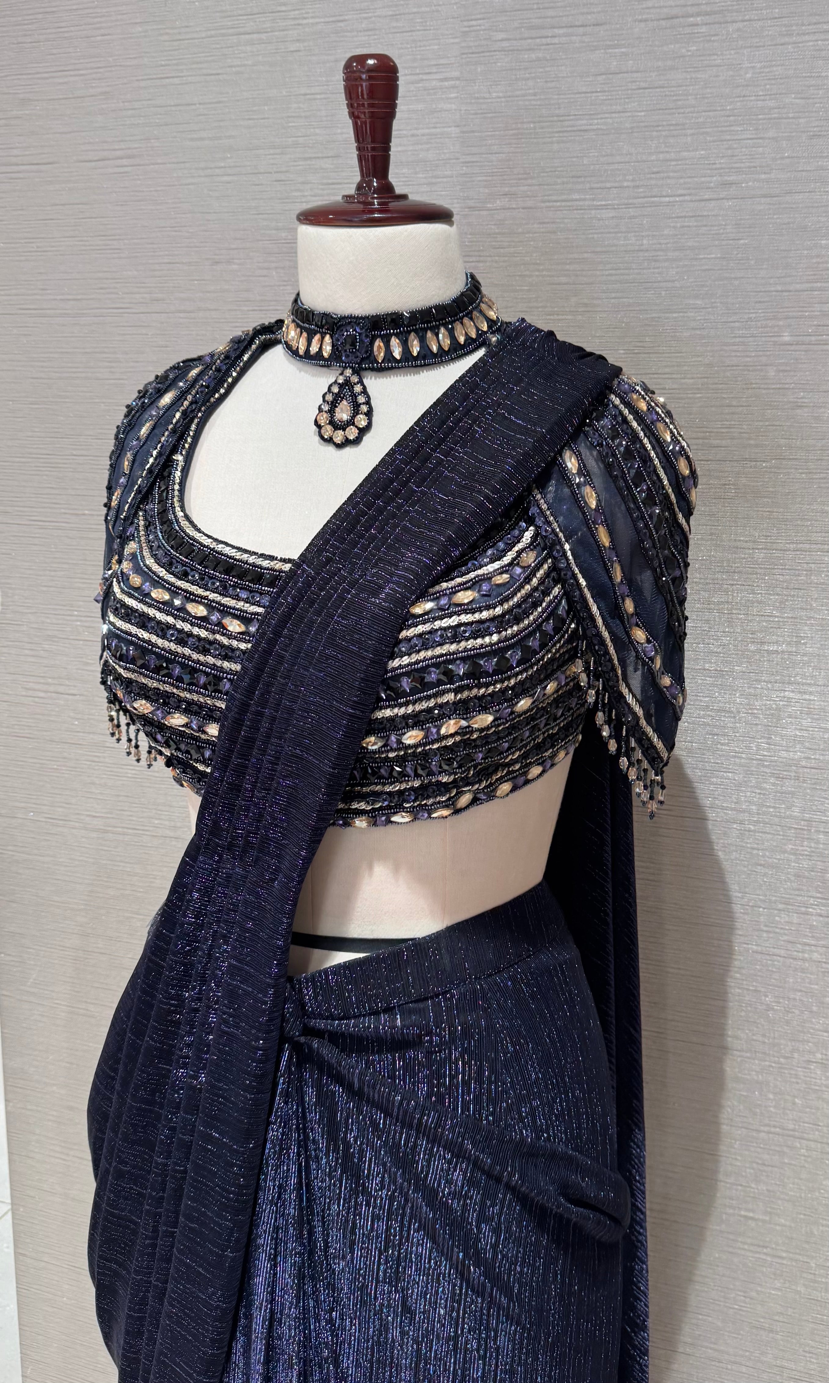 Blue Shimmer Saree and Silver Beaded Blouse Set