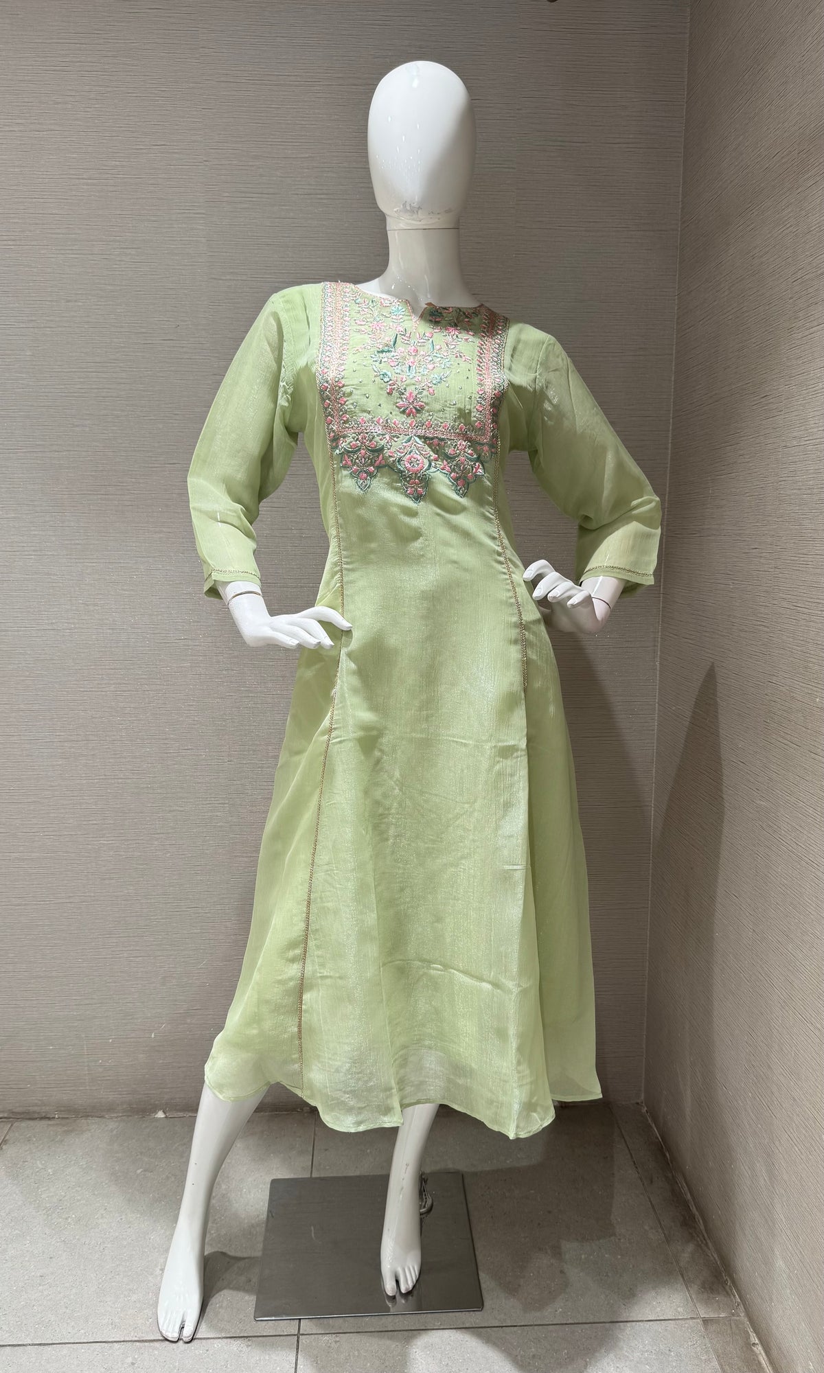 Pastel Green Floral Embroidered A-Line Kurta top