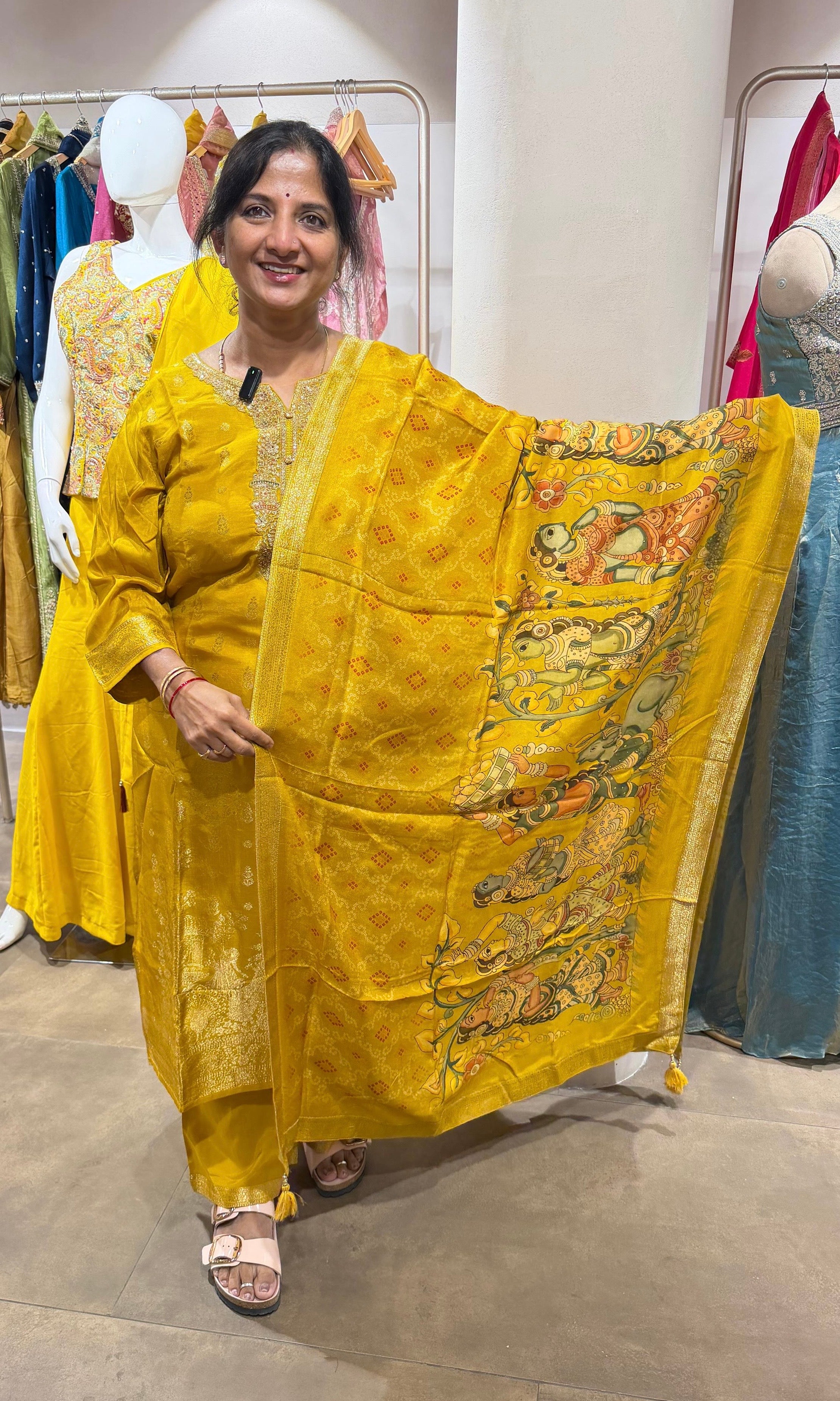 Mustard embroidered kurta set with printed dupatta