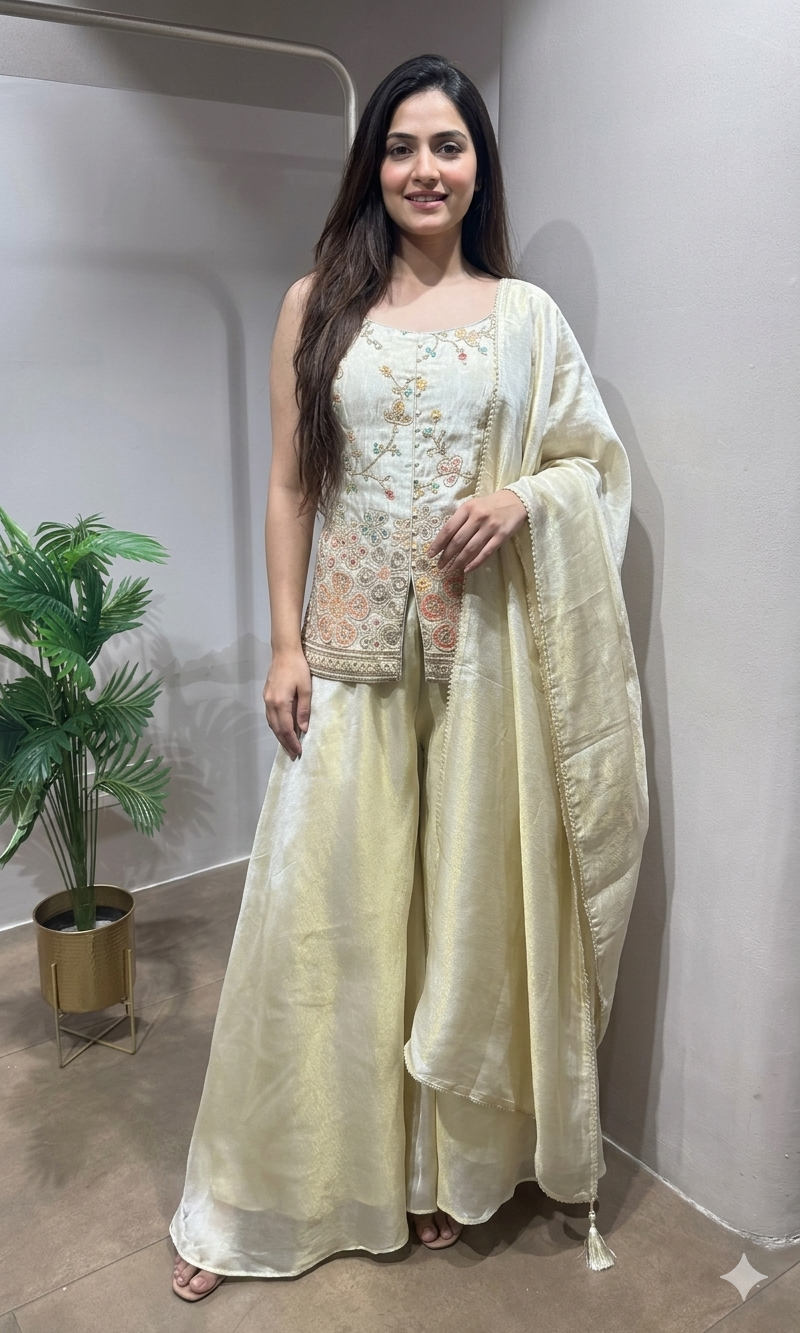 Cream Floral Embroidered Palazzo Set