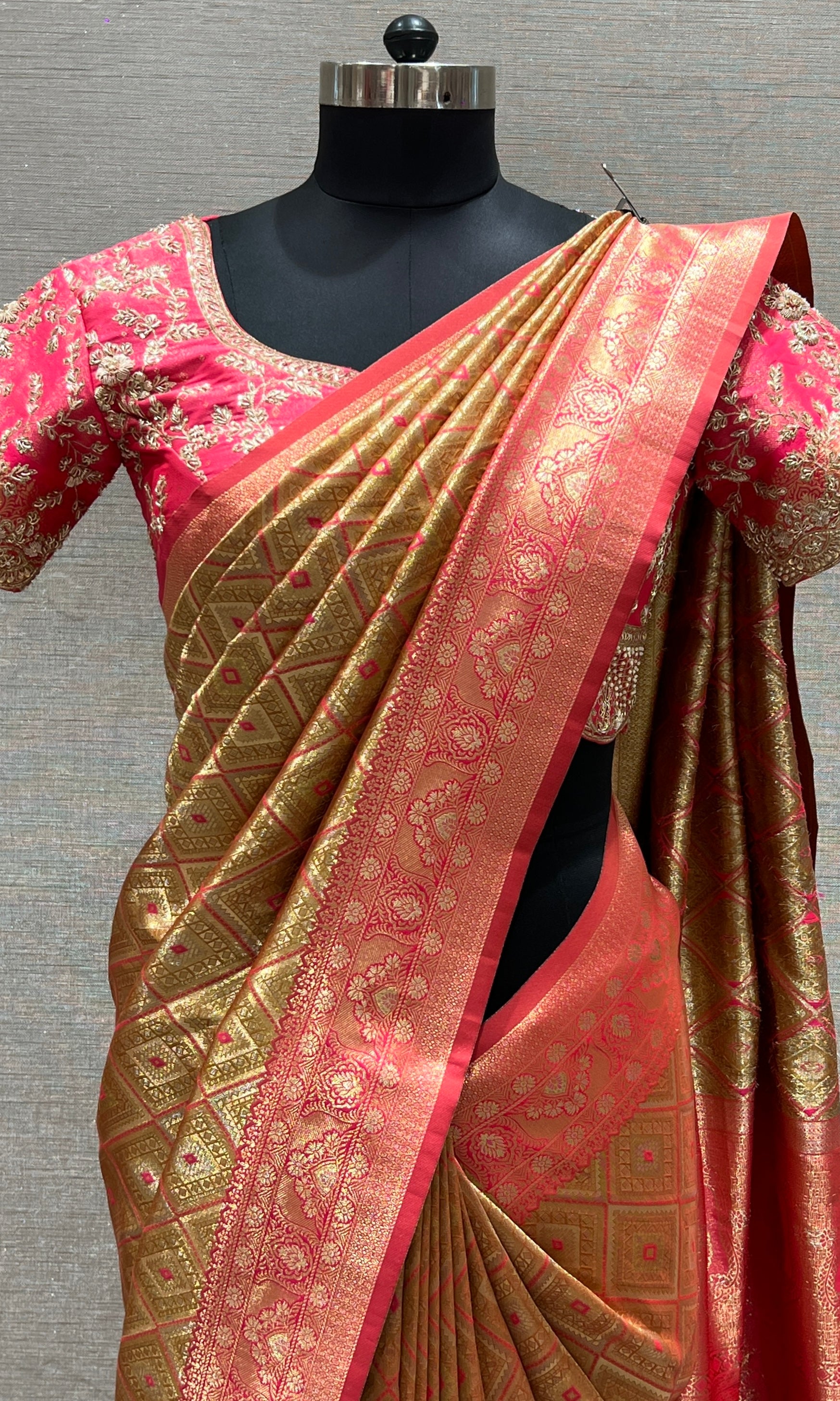 Pink saree with ready blouse