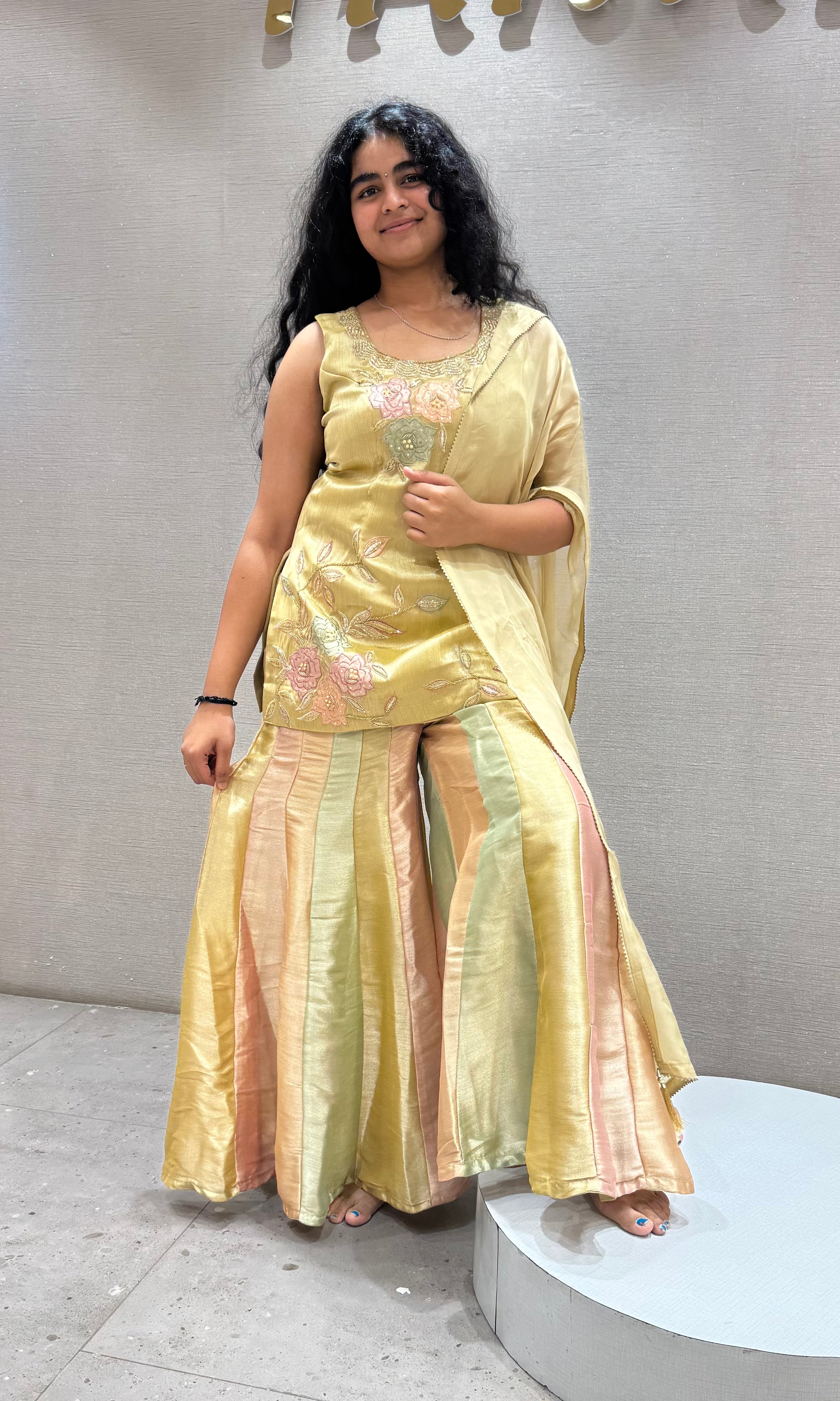 GOLD Tissue Silk Sharara with Floral Embroidery