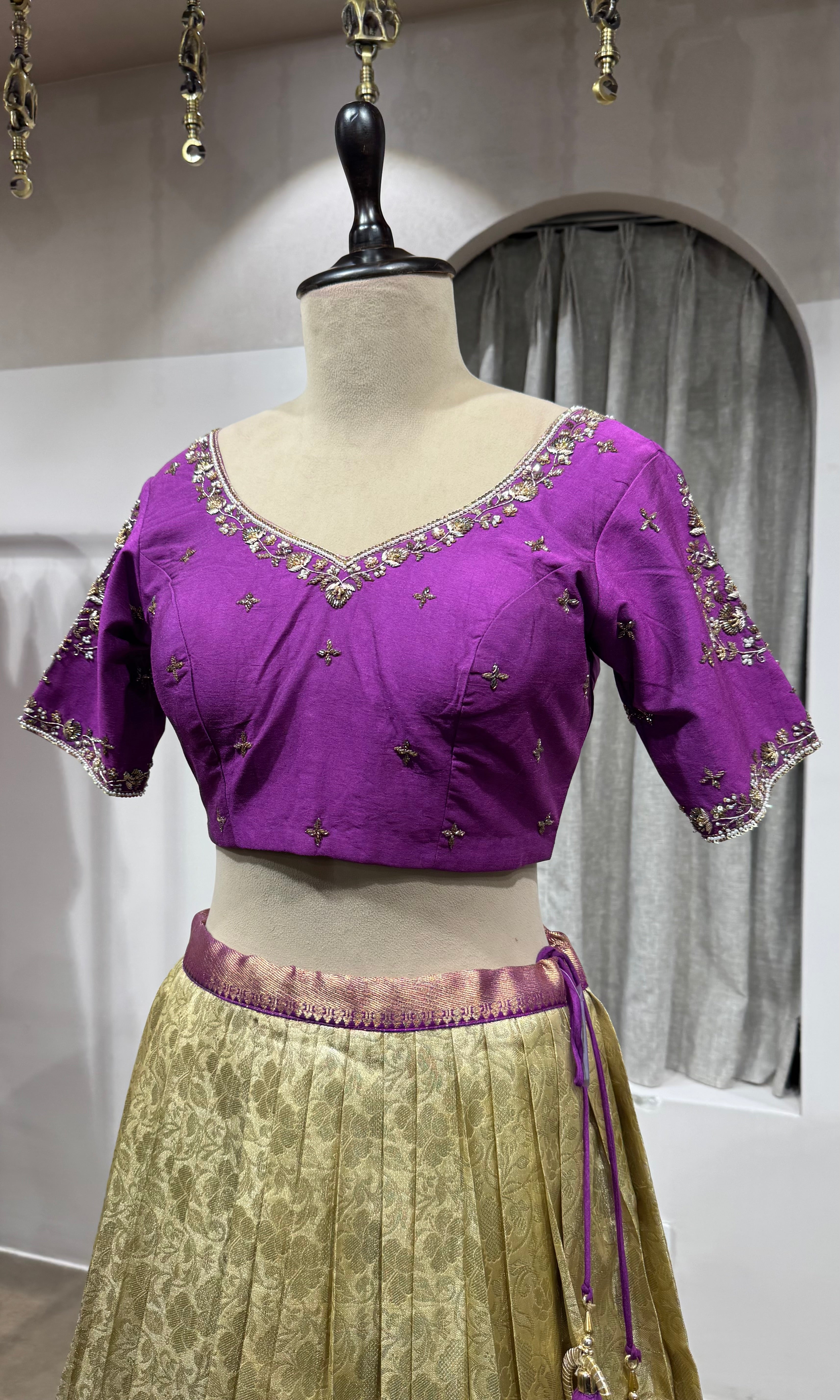 WINE and cream kanjivaram pattu lehenga