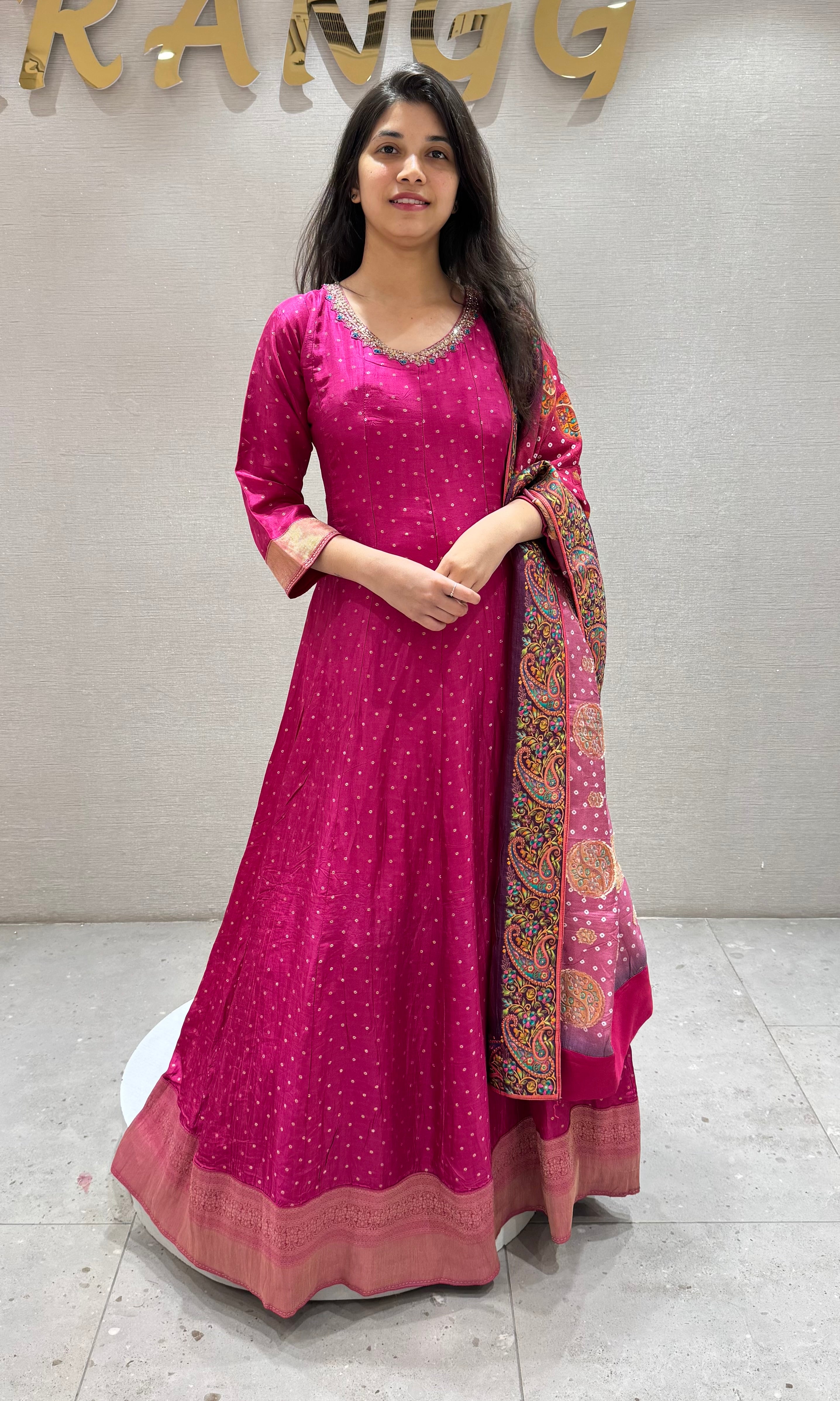 Pink ANARKALI SET WITH PRINTED DUPATTA