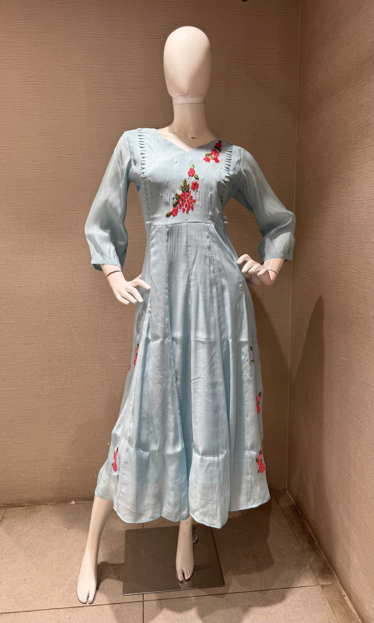 Light Blue Floral Embroidery A-Line Kurta top
