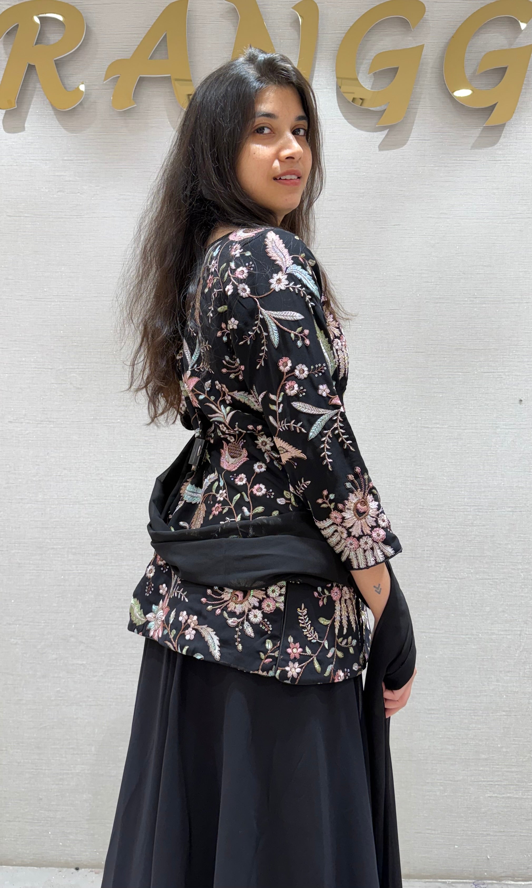 Black FRONT SLIT PEPLUM SHARARA SET