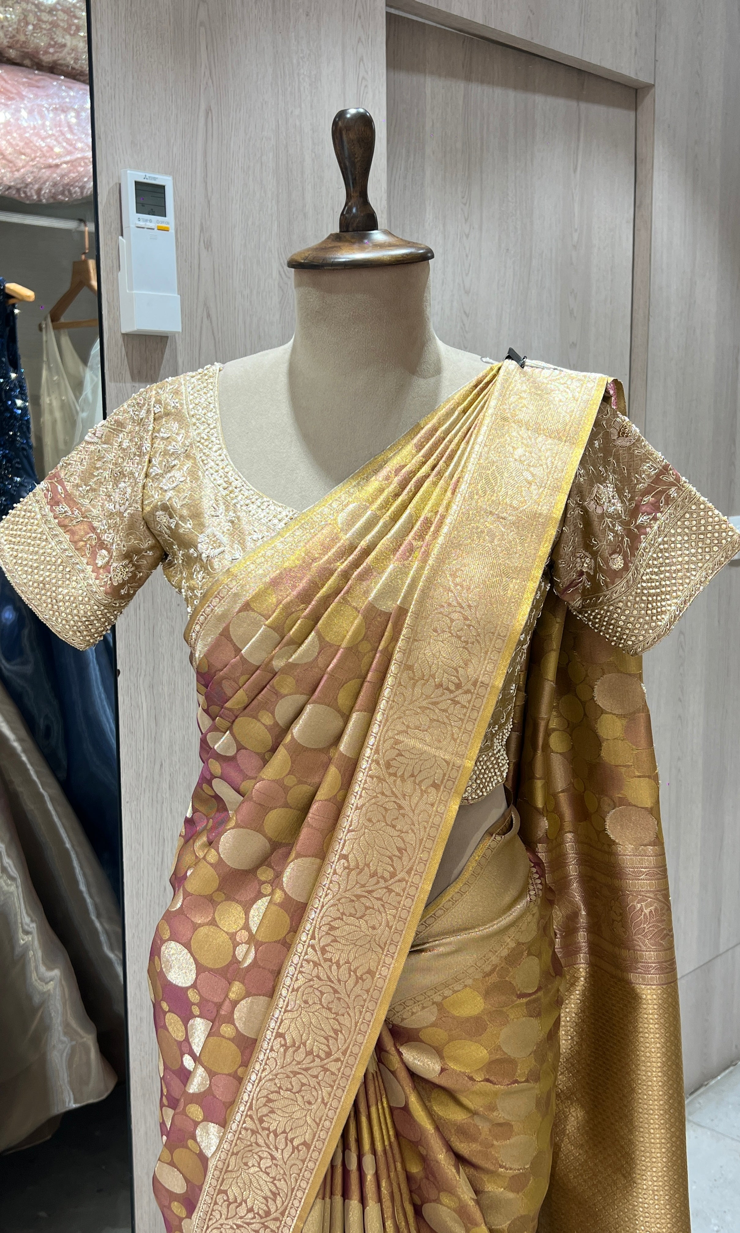 Gold saree with ready blouse